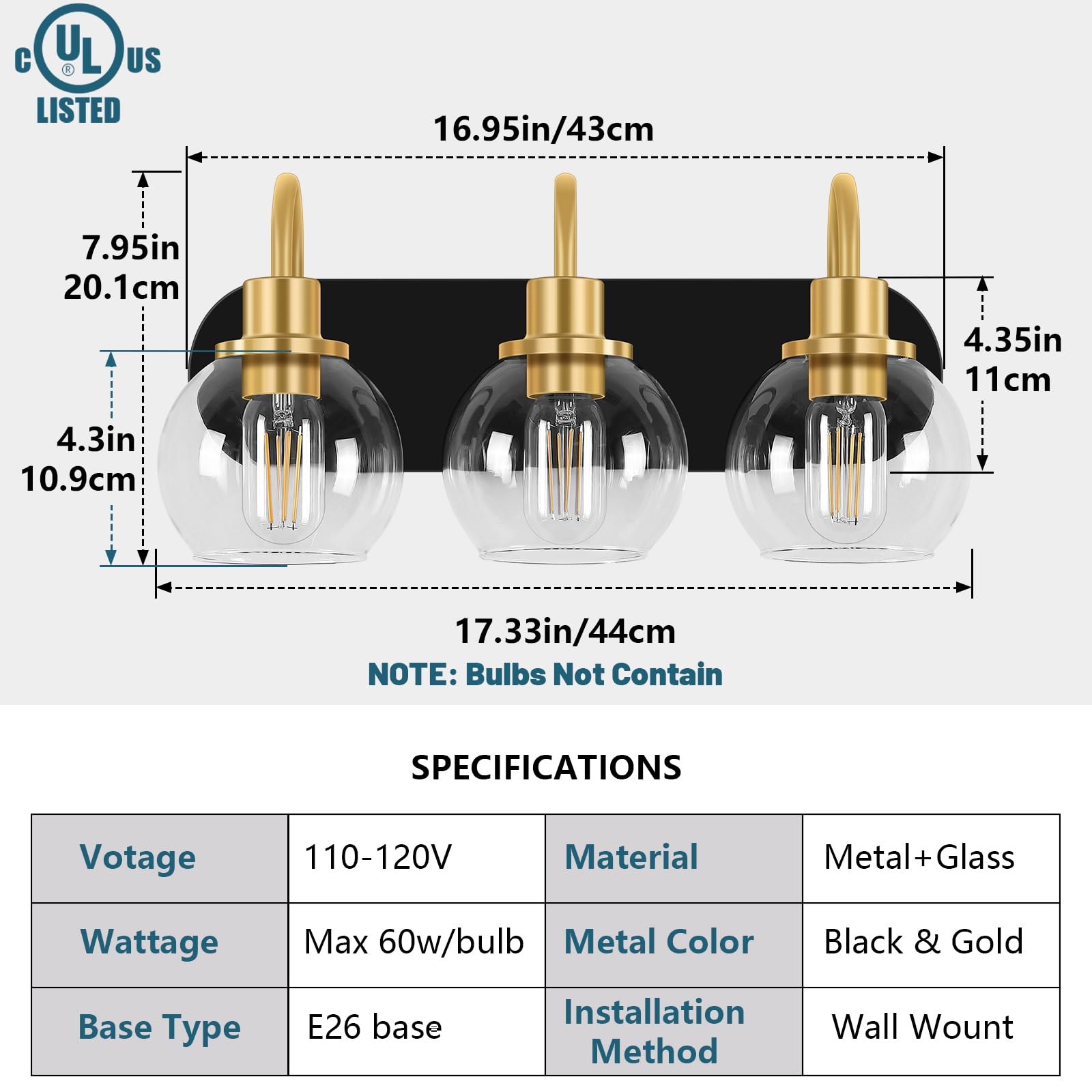 Dpyrrhic 3-Light Bathroom Vanity Light Fixture, Metal, Matte Black & Gold, Clear Glass Shade