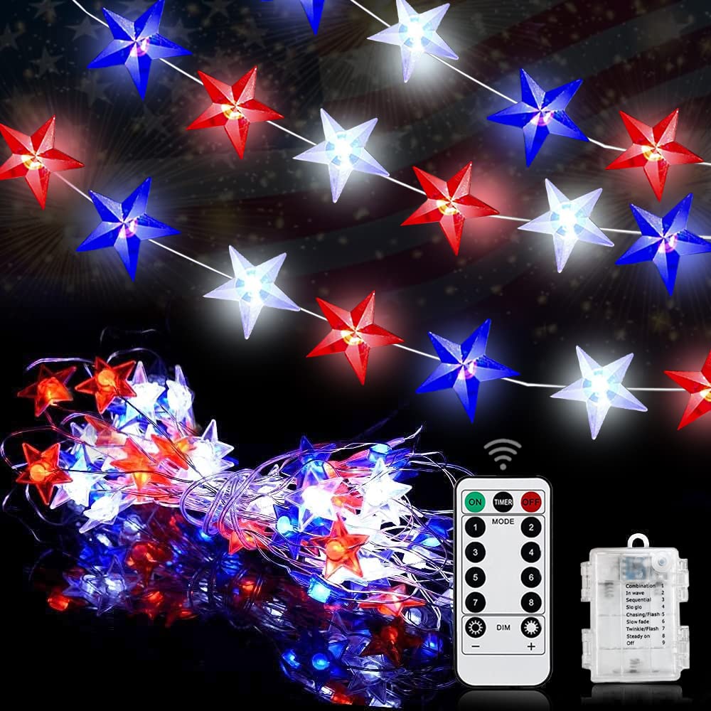 Couah 80 LED Fairy Lights - Battery Operated, 20FT, Red White Blue - Indoor Outdoor 4th of July Decorations