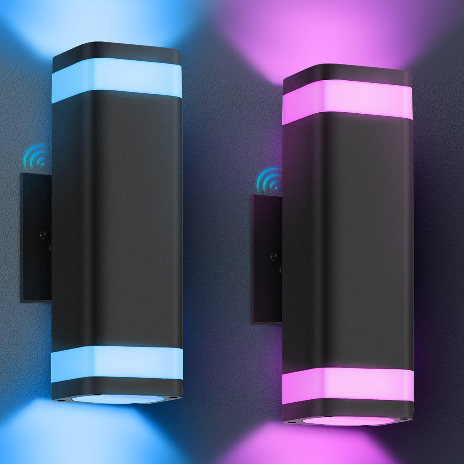 Smart Outdoor RGB Wall Lights 2 Pack, Wi-Fi & App Control Color Changing Up and Down Wall Sconce with Remote, Dusk to Dawn Water