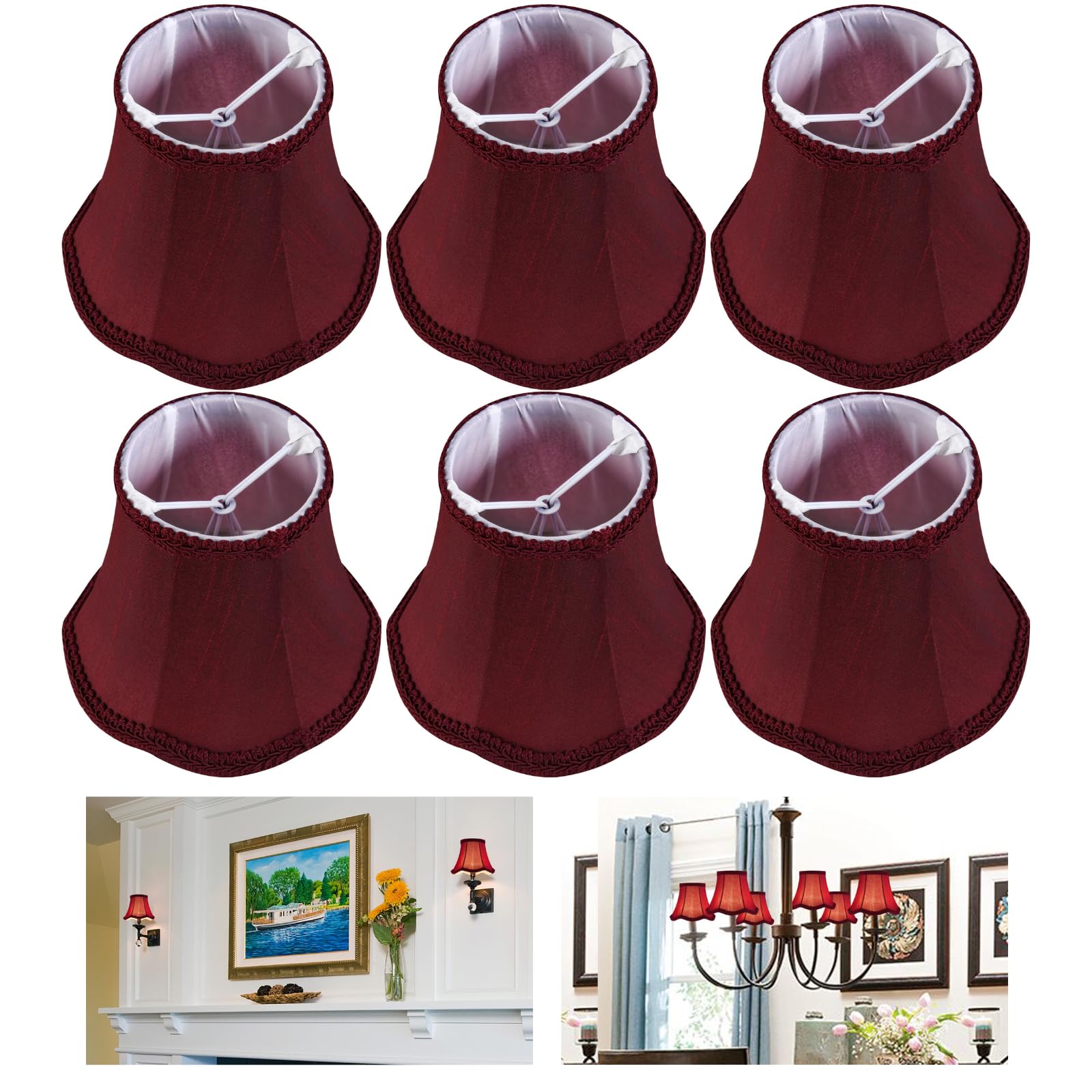 GO&SO BurLauncherdy Silk Chandelier Shades Set of 6 with Dark Petal Braid Clip-On Lampshades (3.15x5.5x4.72H)  Handwoven Mini Chandelier Shades for Table/Wall/Ceiling Lights  Victorian Sconce Shades