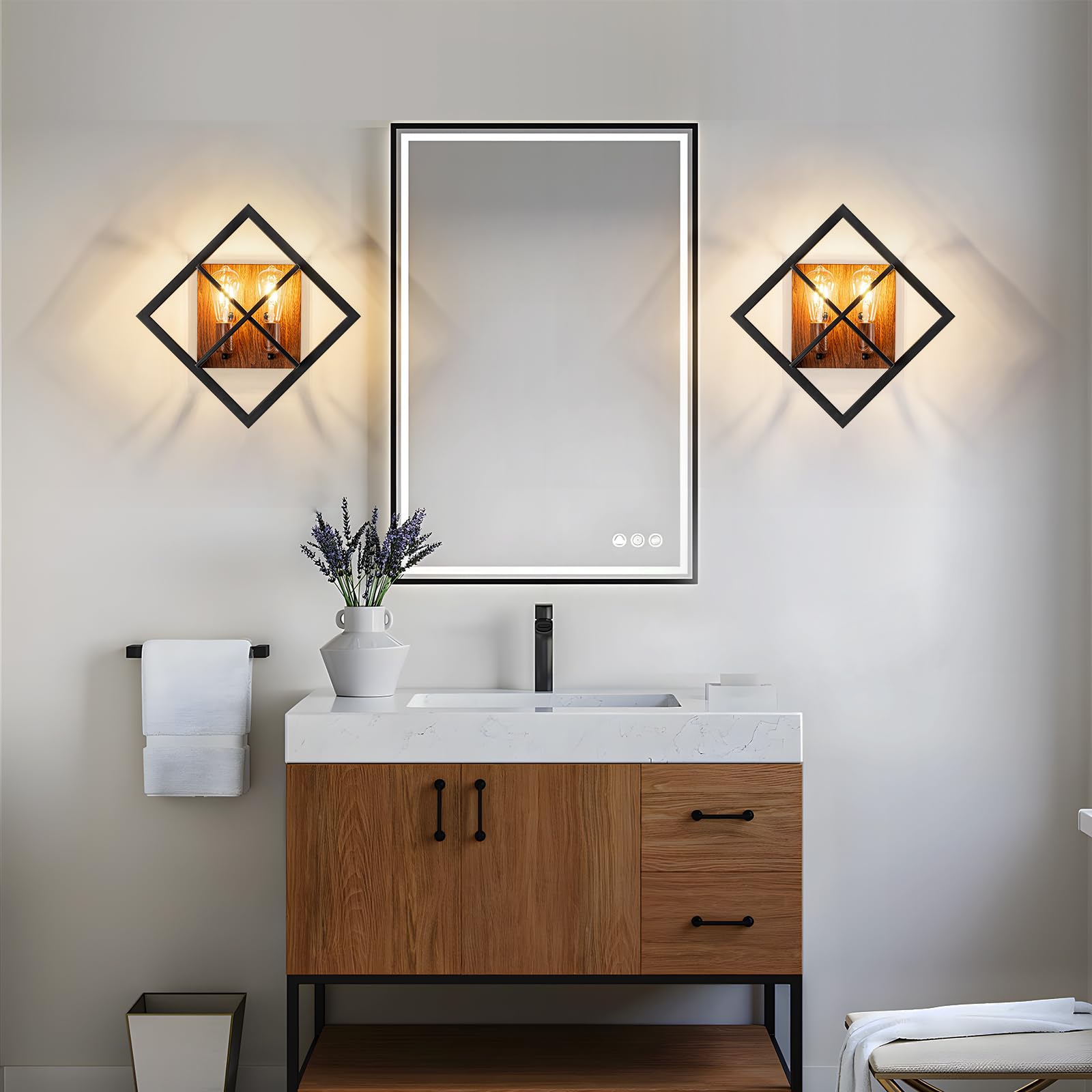fengkeDU Farmhouse Wall Sconce Set of 2, Black & Wood, Metal, 17.8in, E26 Base, Rustic Indoor Light Fixtures