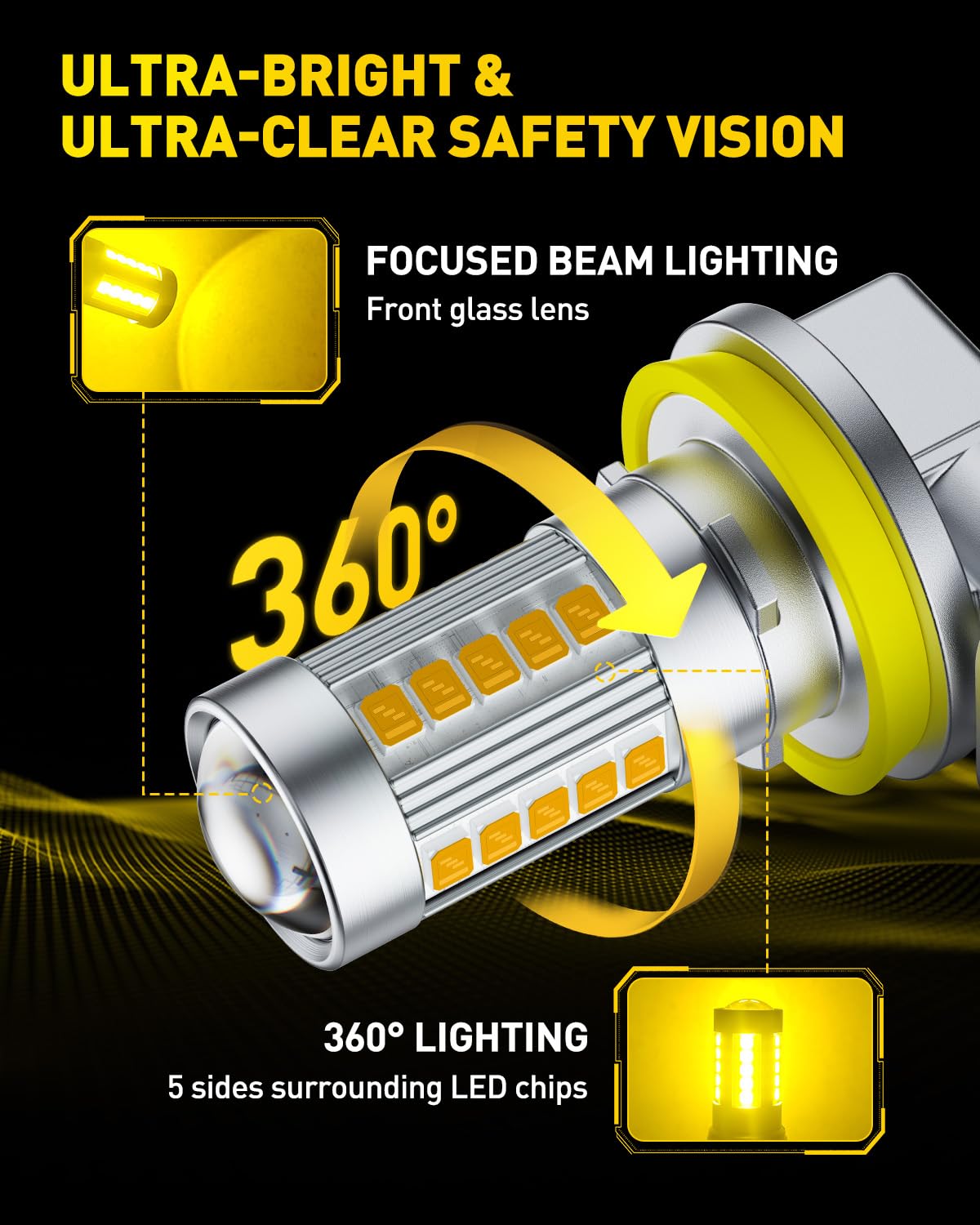 AUXITO H11/H8 LED Fog Light Bulbs, 3000K Amber Yellow, 1:1 Mini Size, 360° Full Illumination, Pack of 2