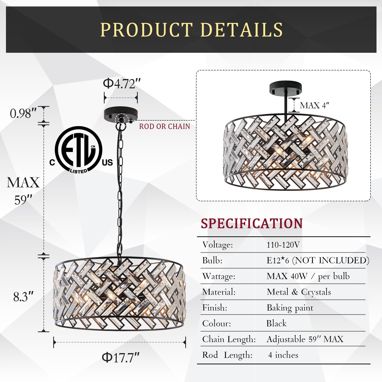 CATINER Black Modern 18" Crystal Chandelier, 6-Light Semi Flush Mount, Metal Drum Shade for Kitchen, Dining Room, Bedroom, Hallway