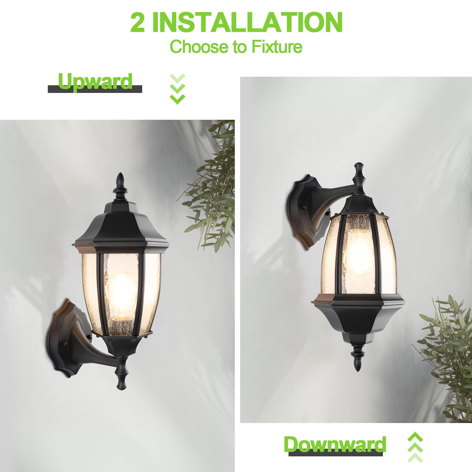 Lprzsg Outdoor Wall Lantern - 14&quot; Black Waterproof Porch Light With Seed Glass Shade