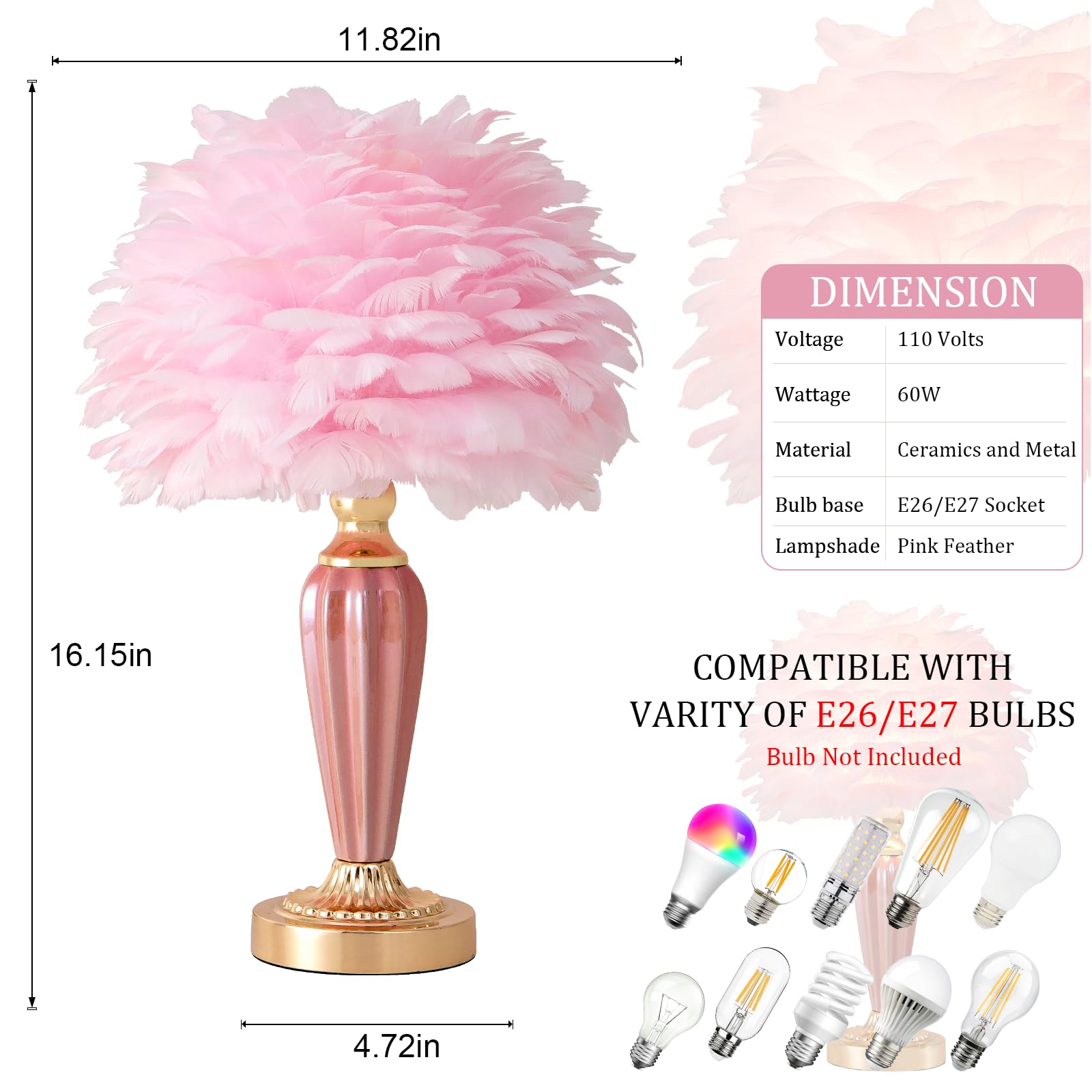Zyleisenbao Pink Feather Lamp Creative Bedside Lamp Feather Table Lamp Cute Furry Goose Nightstand Light For Girl Bedroom Wedding Decor Living Room Hotel Office Valentines Dating Gift