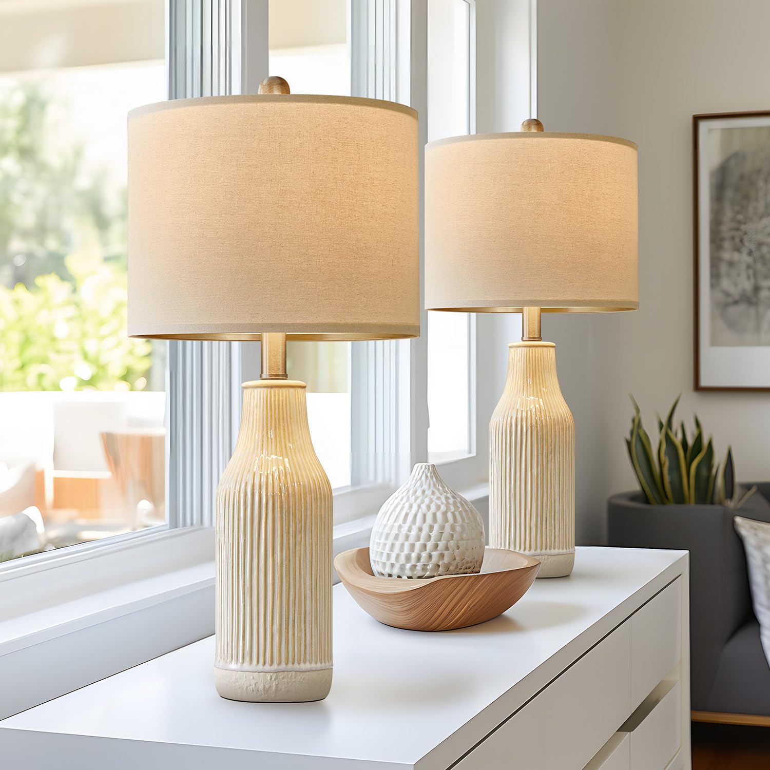 USumkky Modern Ceramic Table Lamp Set of 2, 23.75" Beige Vertical Stripe, Ideal for Living Room & Bedroom Decor