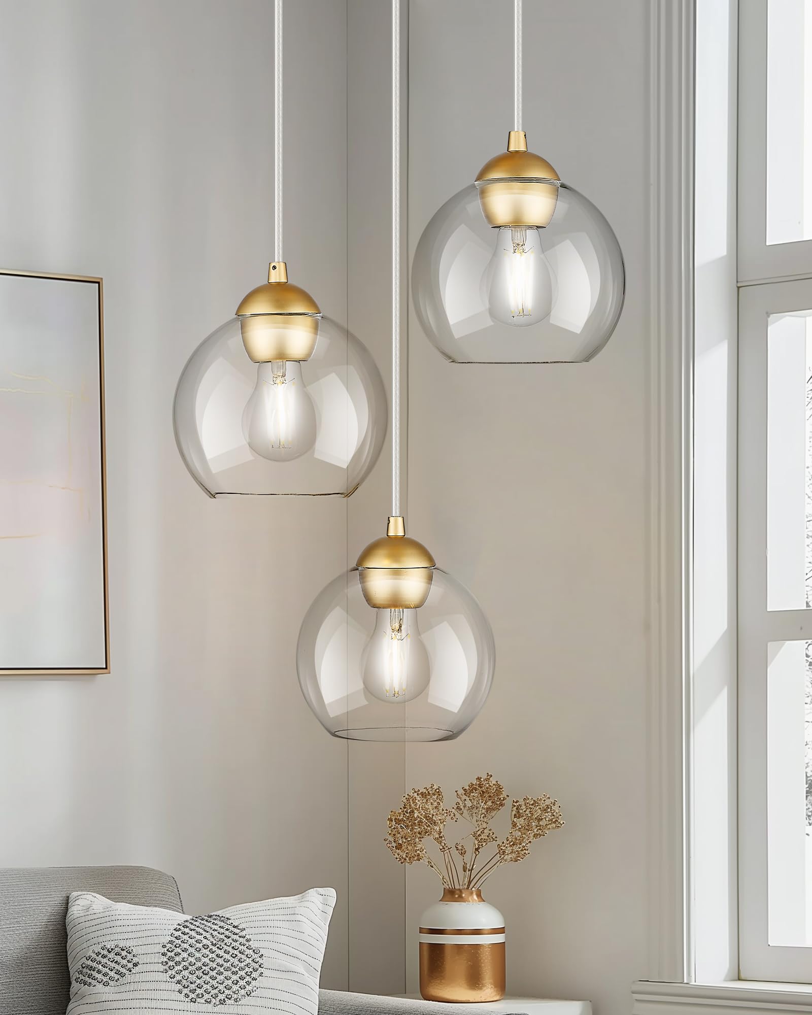 Emak 3-Light Cluster Pendant Lights Kitchen Island, Modern Gold Pendant Light Fixtures With Clear Glass Shade, 7 Inch Globe Hang