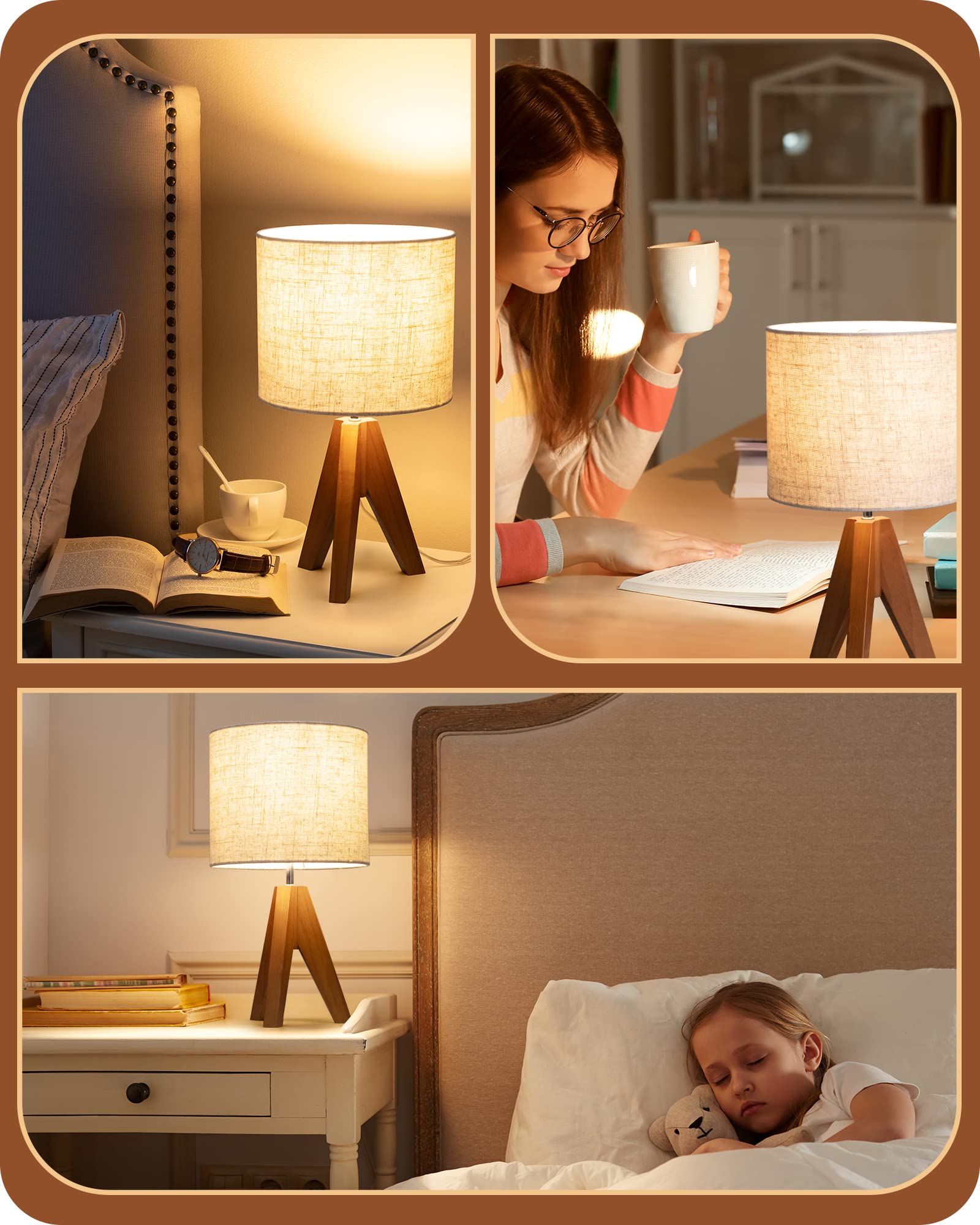 EDISHINE Tripod Table Lamp, Small 14.2 Inch Nightstand Light, Light Brown Wooden Base, Beige Linen Shade, Model HLTL05Q