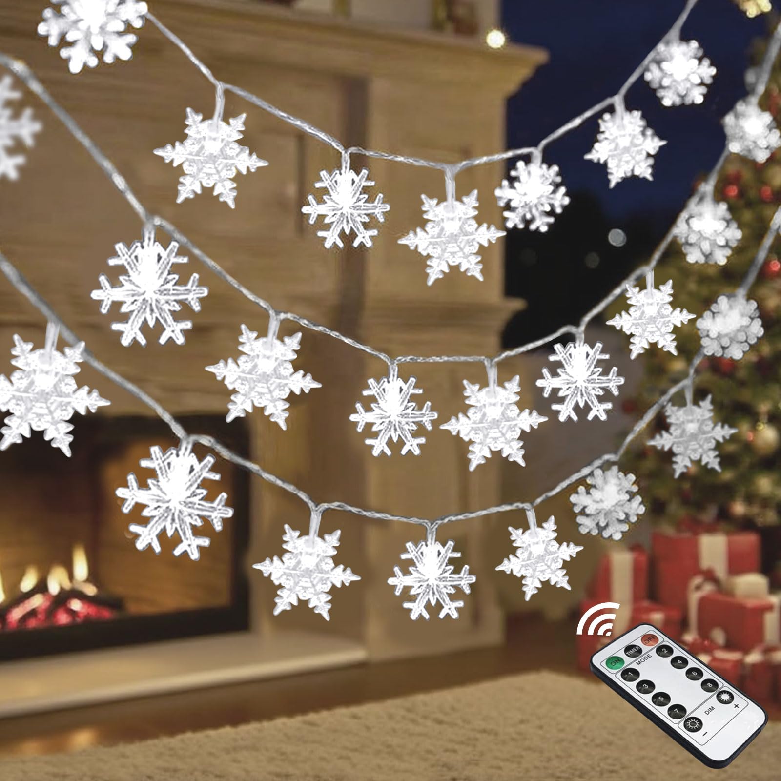 Lynumtw Christmas Snowflake Lights, 20 FT 40 LED, Battery Operated, Cool White, Waterproof, Remote, 8 Modes