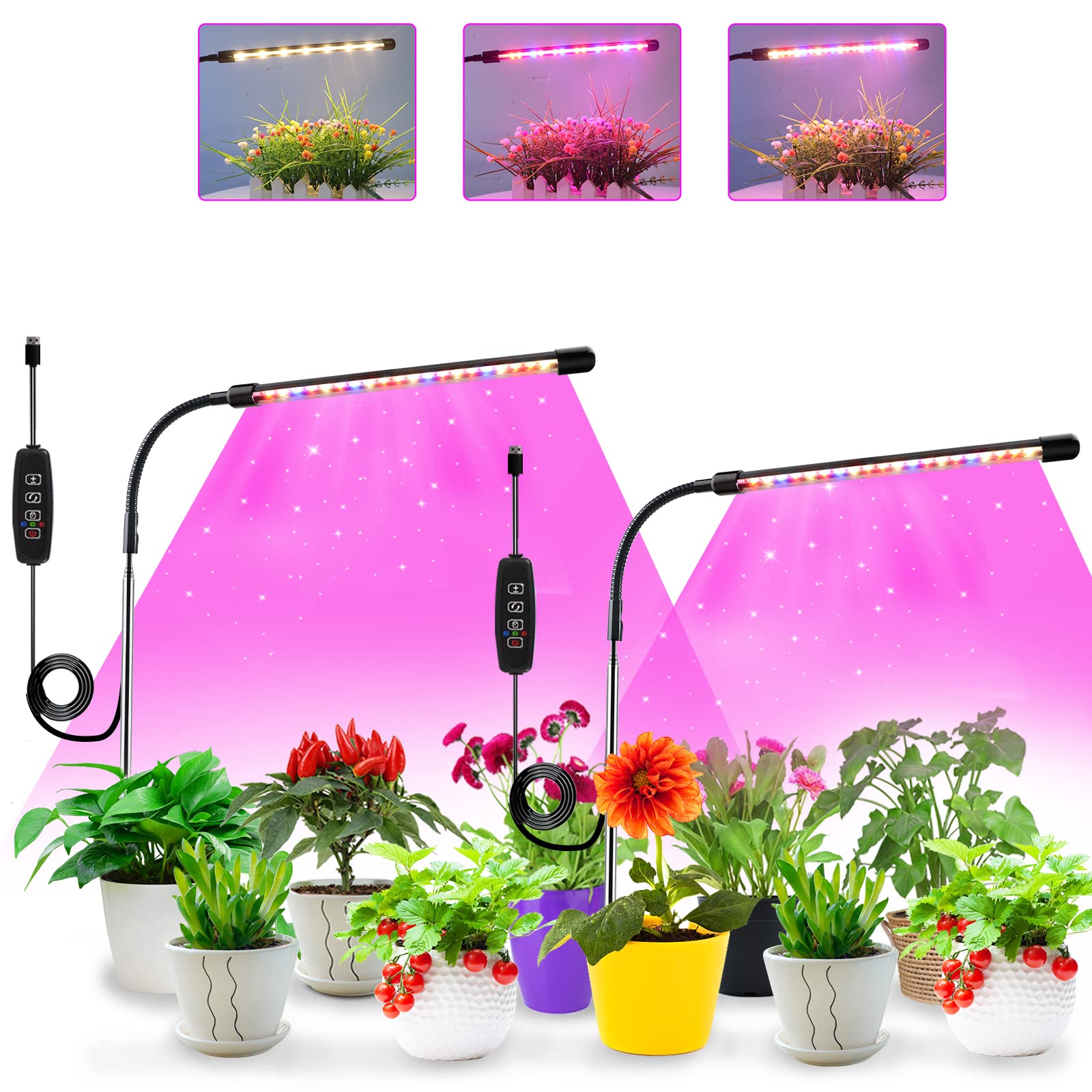 Lpmzmbl Full Spectrum Height Adjustable Grow Lights With Auto On/Off Timer 3/9/12H,10 Dimmable Brightness For Indoor Plants Growing(2 Pack)