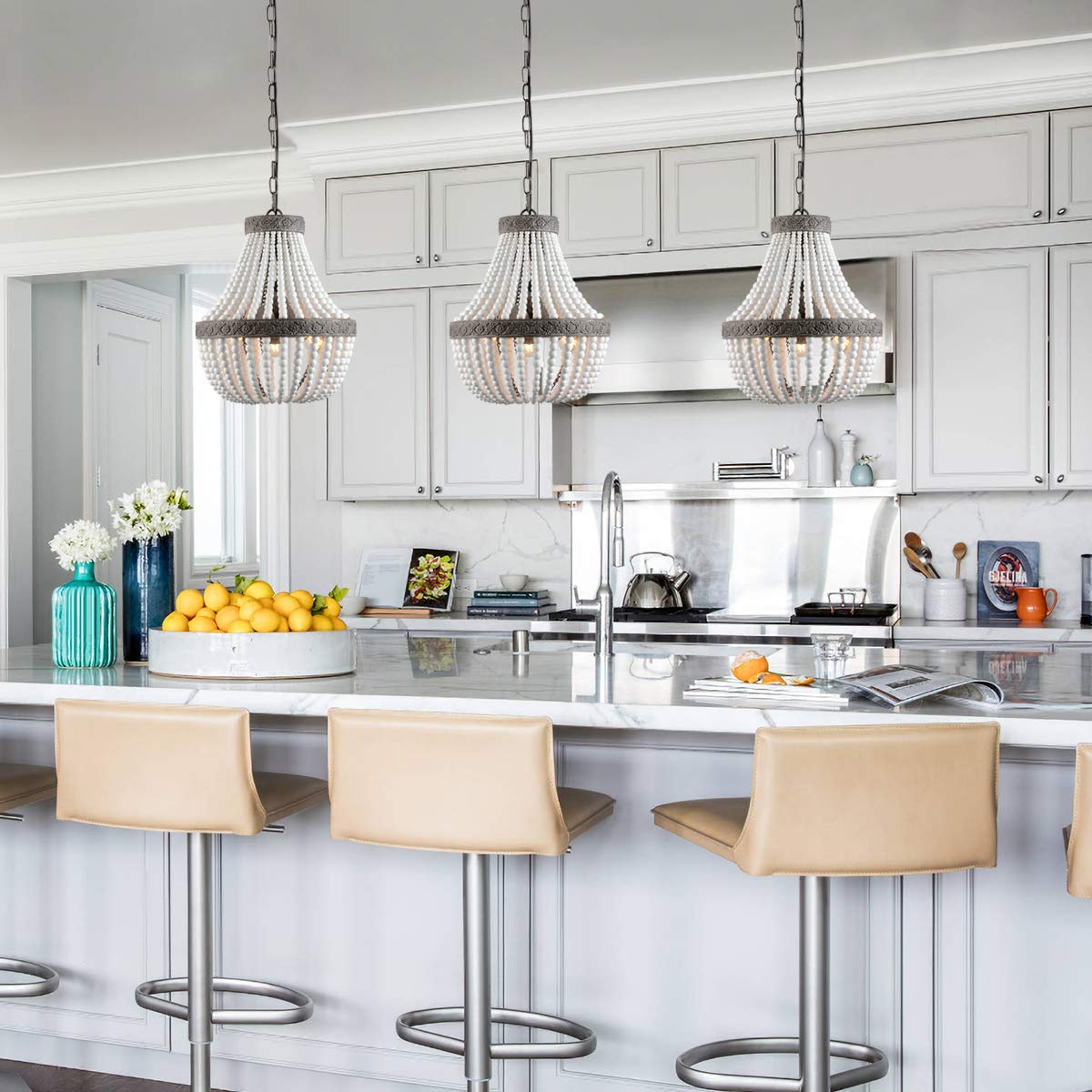 VILUXY 3-Light Bohemia Wood Beaded Chandelier, Rustic Gray Metal Pendant Light for Bedroom and Kitchen Island