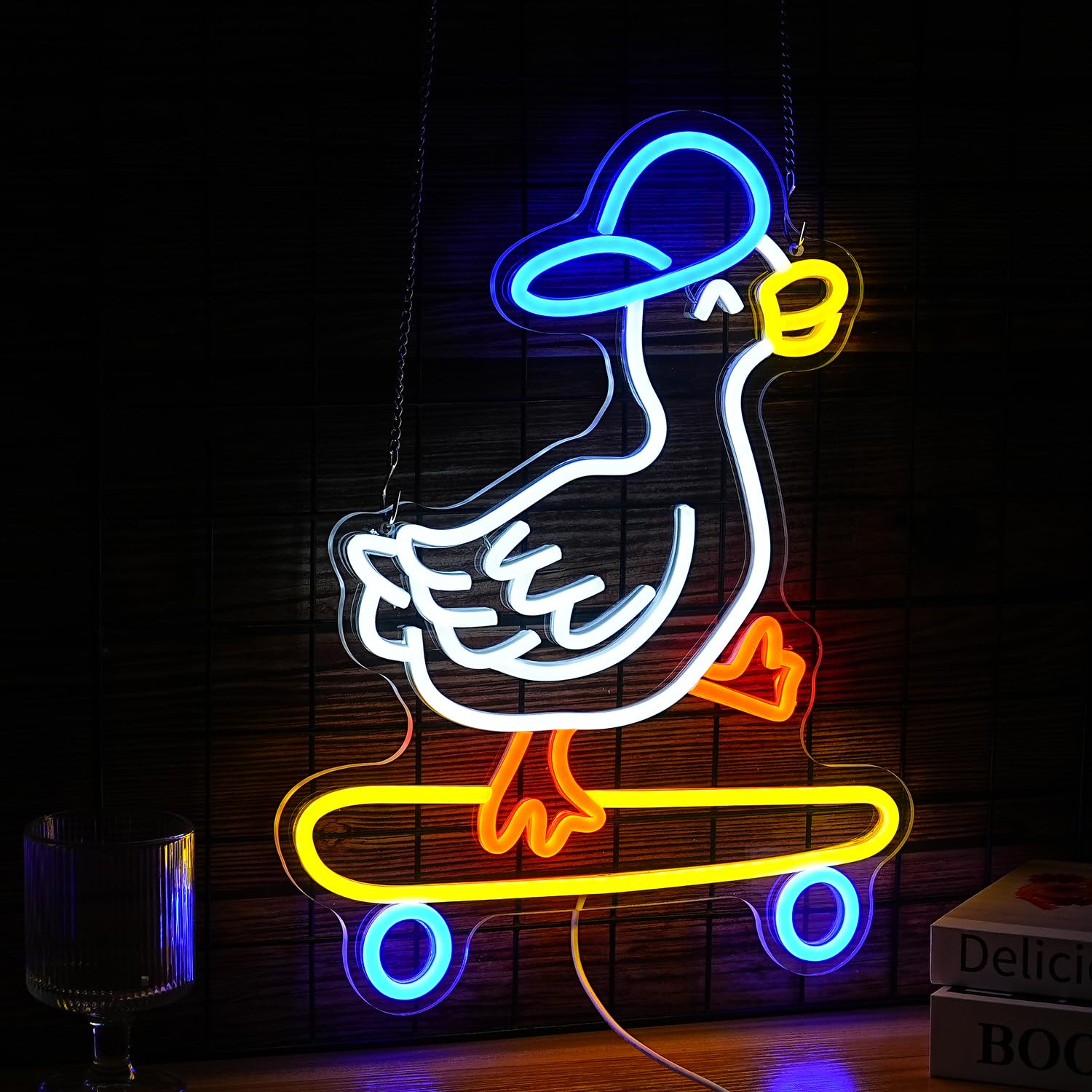 LISIGNVE LED Neon Sign - Skateboard Duck Light, Dimmable, USB Powered, 16.5”x12.6”, Yellow Blue Orange White, Wall Decor for Kids