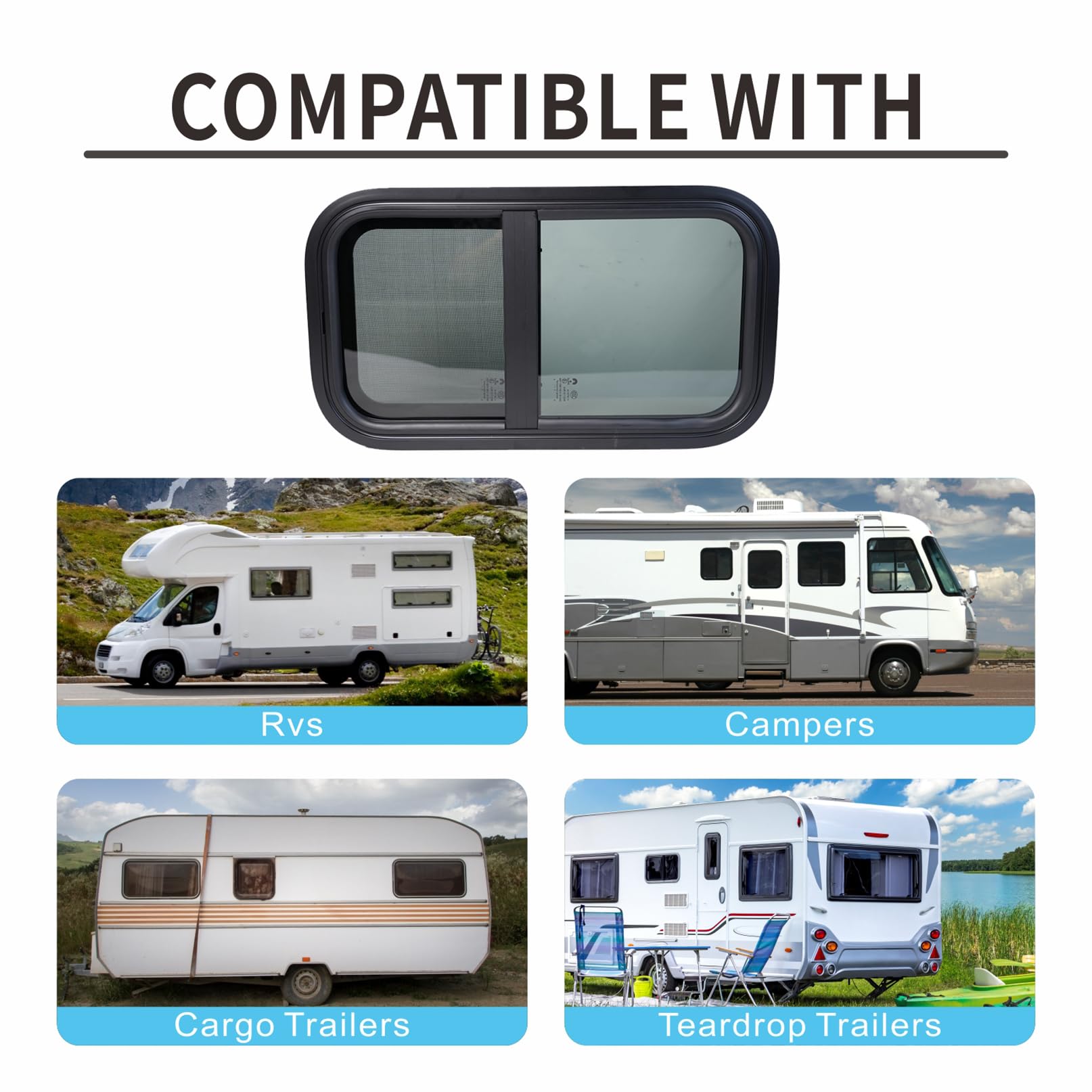 TZGP RV Windows - Replacement Camper Window, 12inW x 22inH, Tempered Glass, Black, Model SLIDER RV WINDOW 04, Vertical Venting with Screen