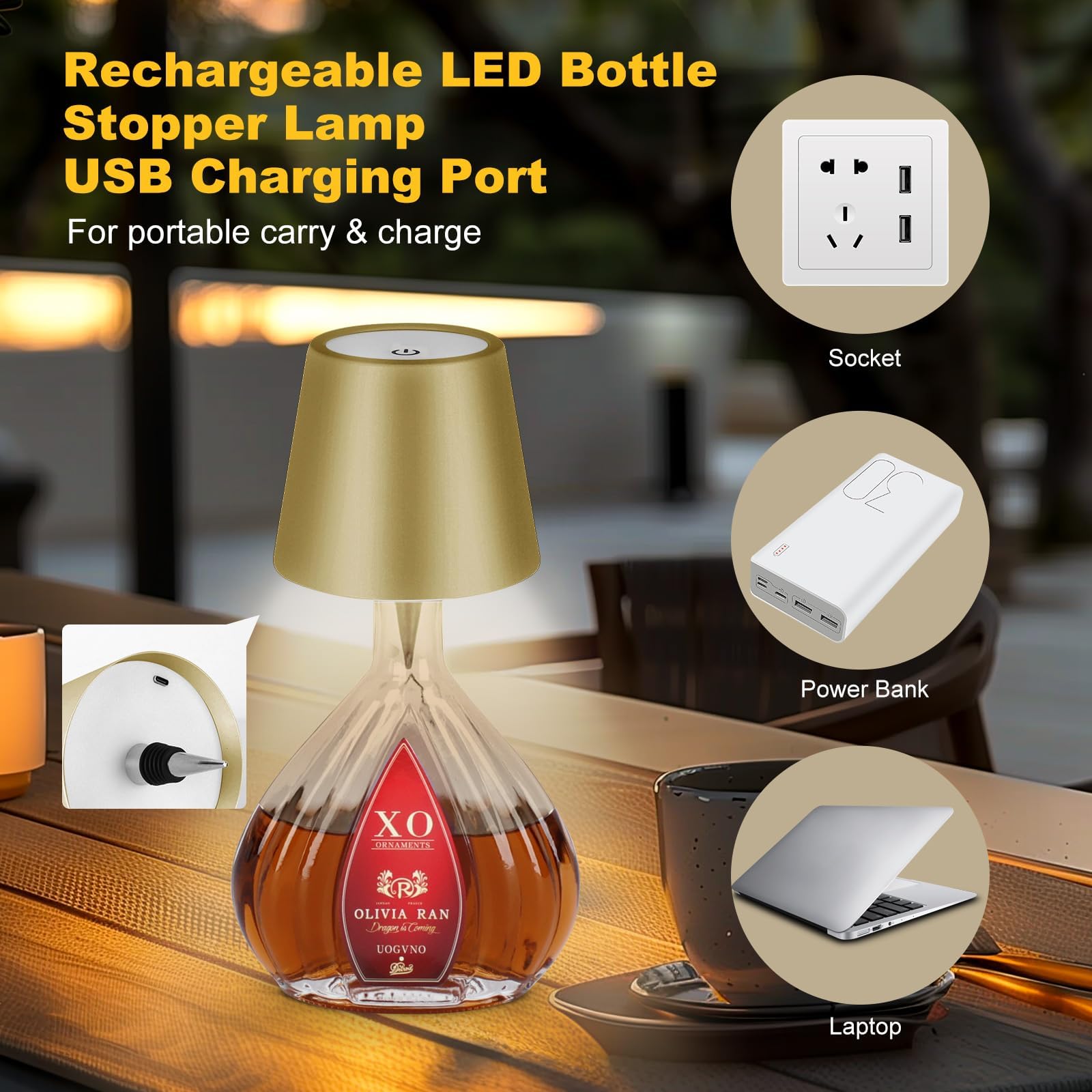 Soudfk Wireless Bottle Lamp, 2025 New 3 Color Rechargeable Wine Bottle Lights For Bars Restaurants (Placer Gold, 1Pc)