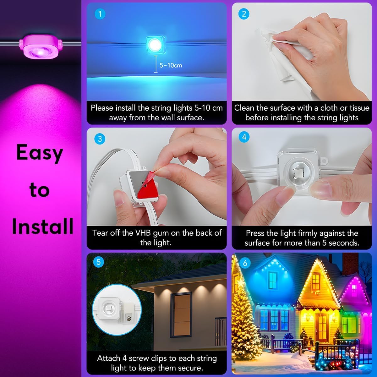 Rathun Permanent Outdoor Led Lights 50Ft - 30 Leds Smart Rgb+Ic With 72 Scene Modes, Triangle Optics & Ip68 Waterproof (-20C To
