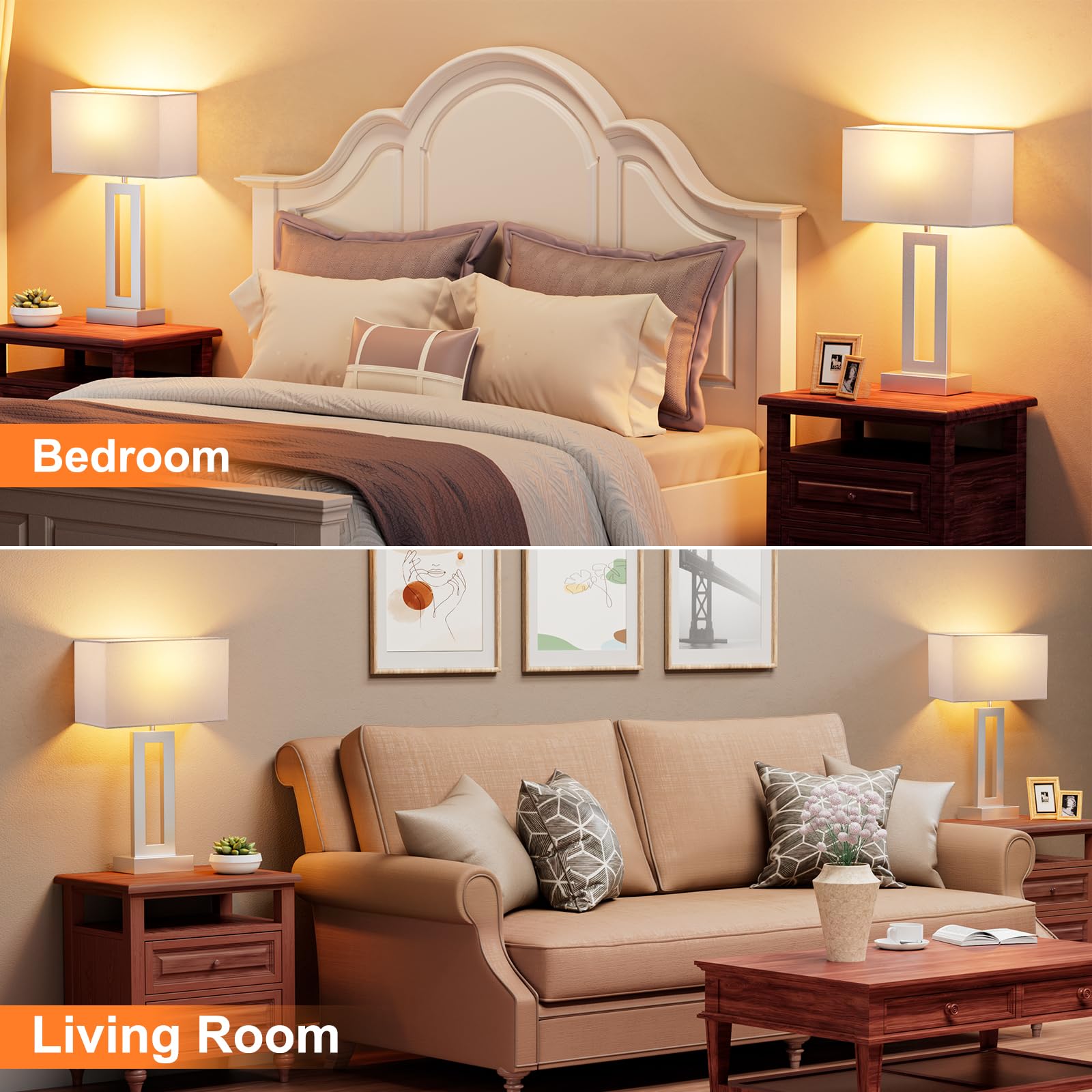 Seealle Nightstand Table Lamps Set of 2 - Touch Control, 3-Way Dimmable, Medium Size, White & Silver, Model 04072