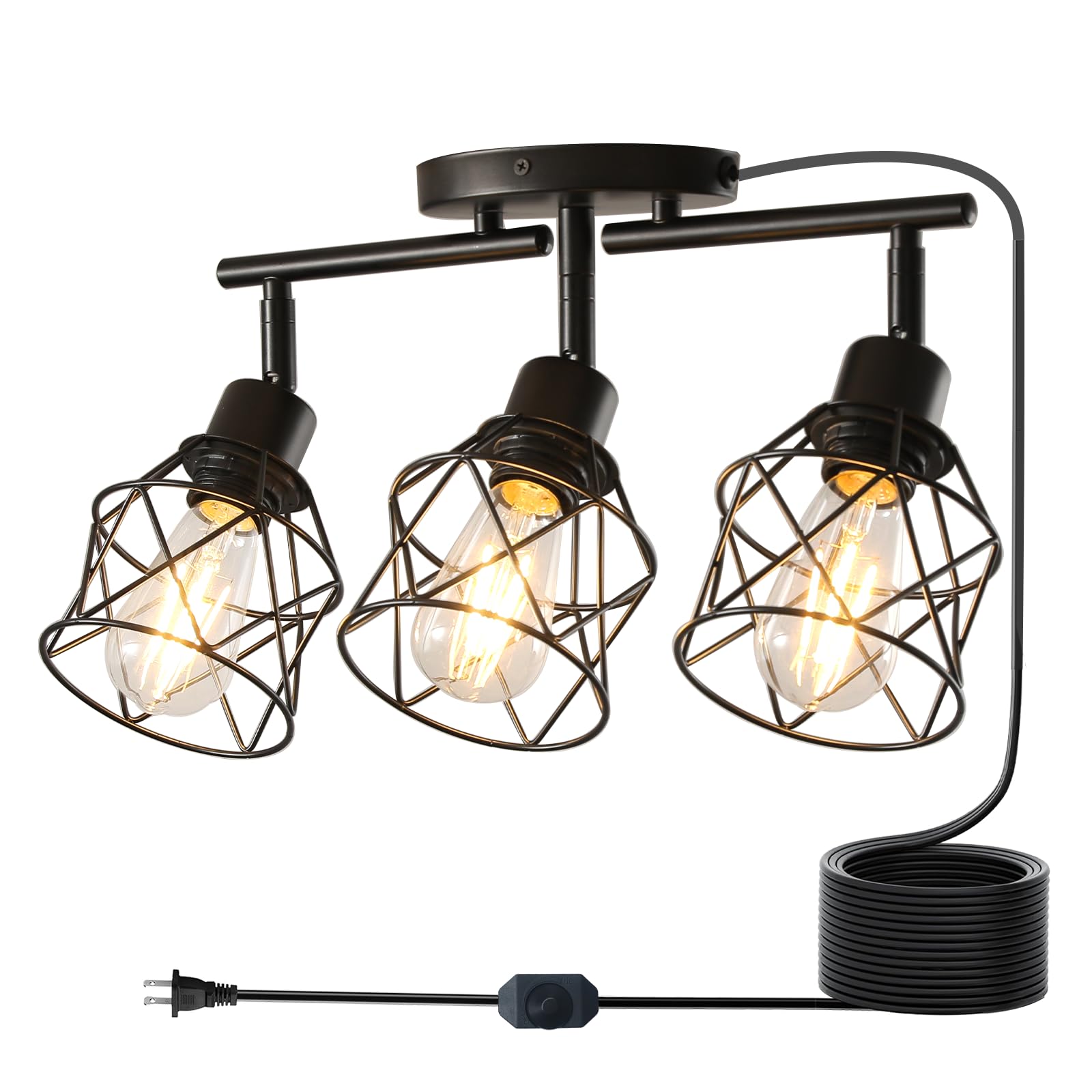Vivihobb Dimmable Black Plug In Track Lighting Kit 3 Light Plug In Ceiling Light With 16.5 Cord Flexibly Rotatable Light Head Modern Industrial Farmhouse Style(Bulbs Not Included)