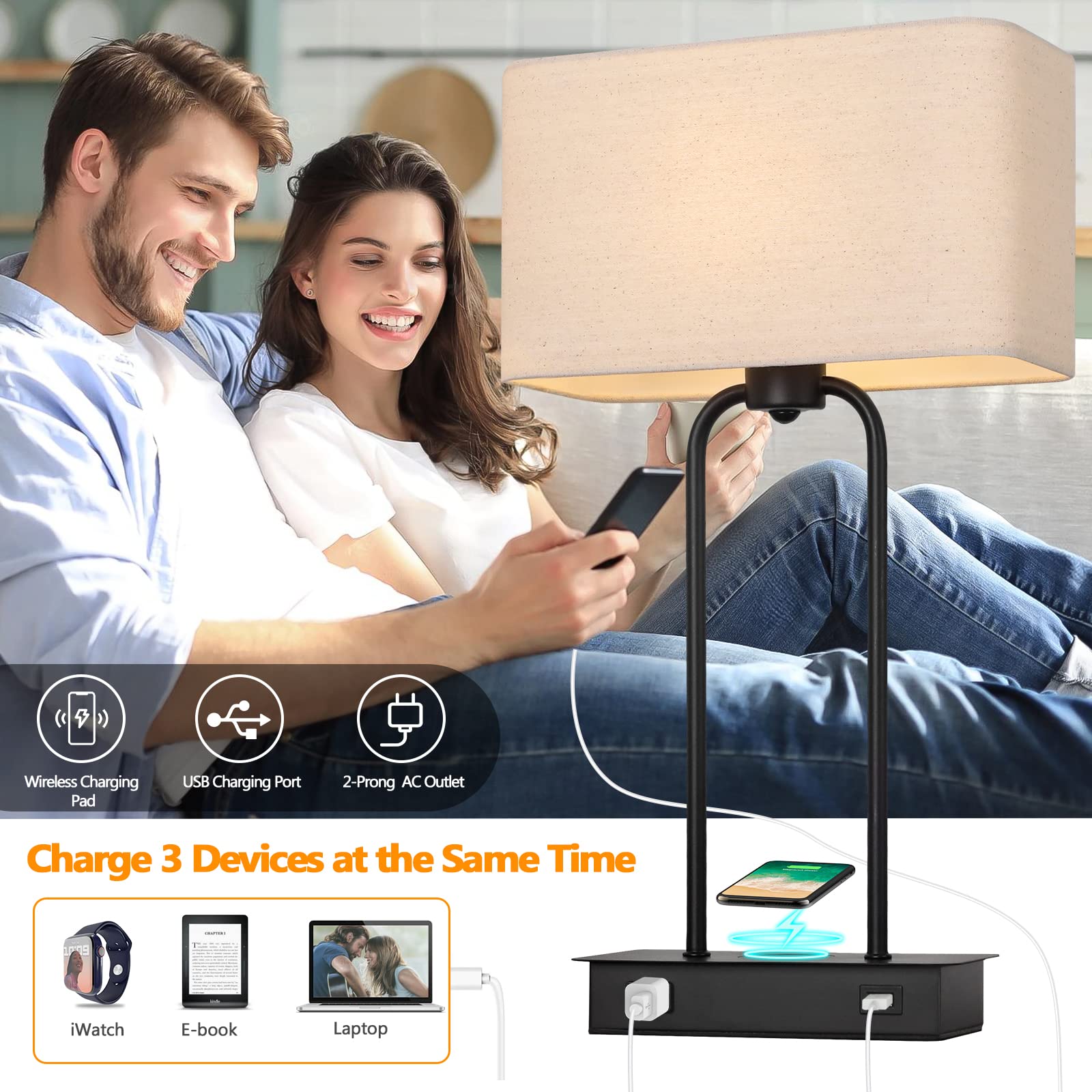 BrightHome Set of 2 Wireless Charging Table Lamps, 3-Way Dimmable, Black & Cream, USB Port, AC Outlet, Model YC-TL-JBL-001