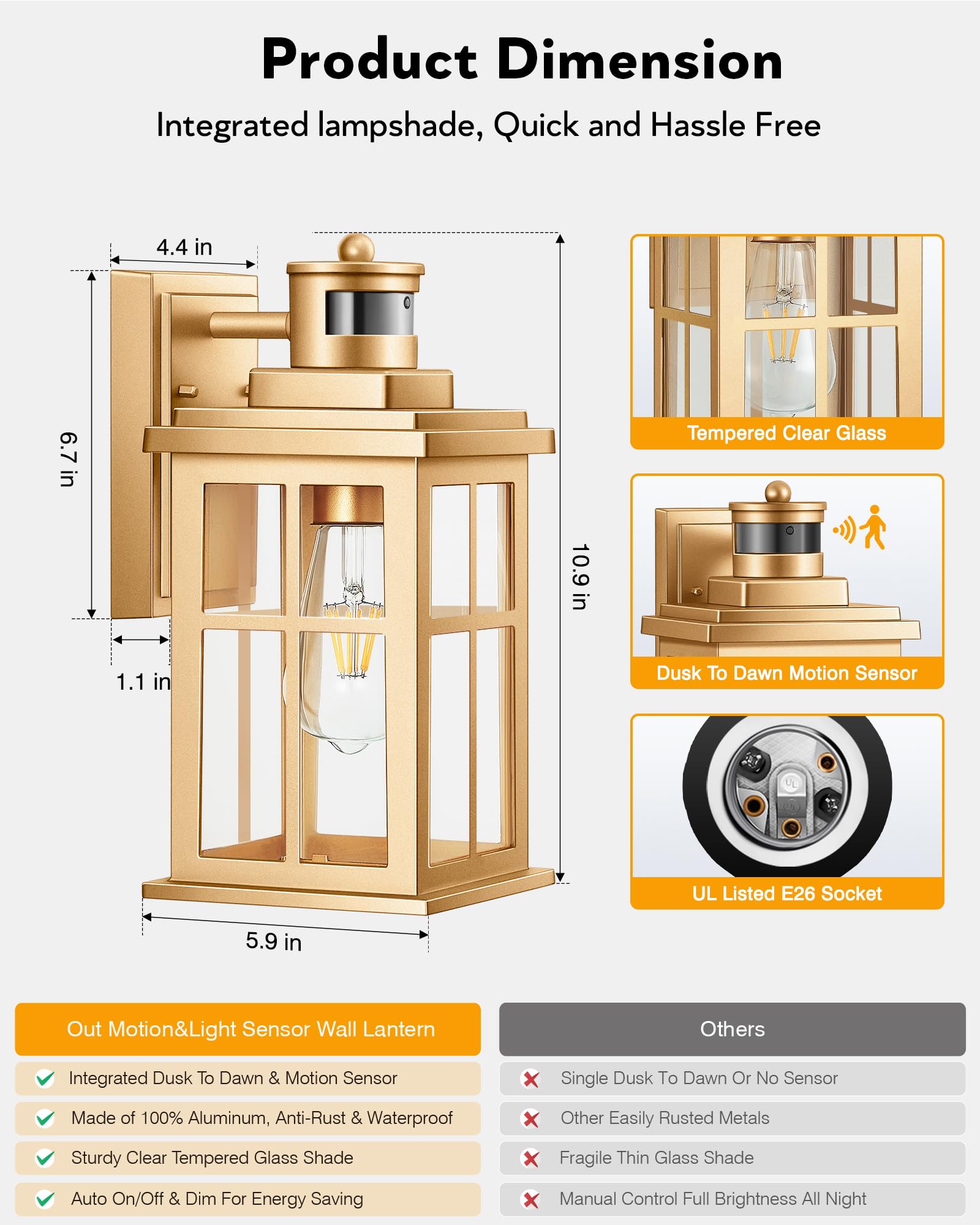 Opaxis Motion Sensor Outside Lights For House  Modern Dusk To Dawn Outdoor Lighting  2 Pack Gold Anti-Rust Outdoor Wall Lights With Transparent Glass  Waterproof Outdoor Porch Lights For House  Patio