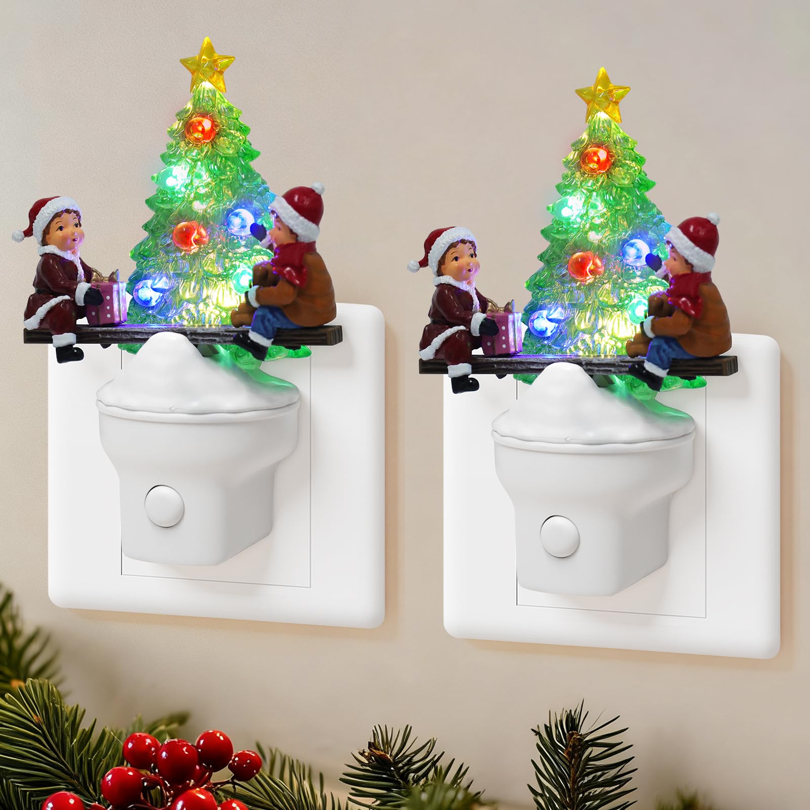 Xanqinluma 2 Pack Christmas Night Light Plug into Wall Nightlight with USB/Outlet Options  Christmas Tree Decorative Night Light for Bedroom Kitchen Nursery Holiday Decorations Gifts (Seesaw)
