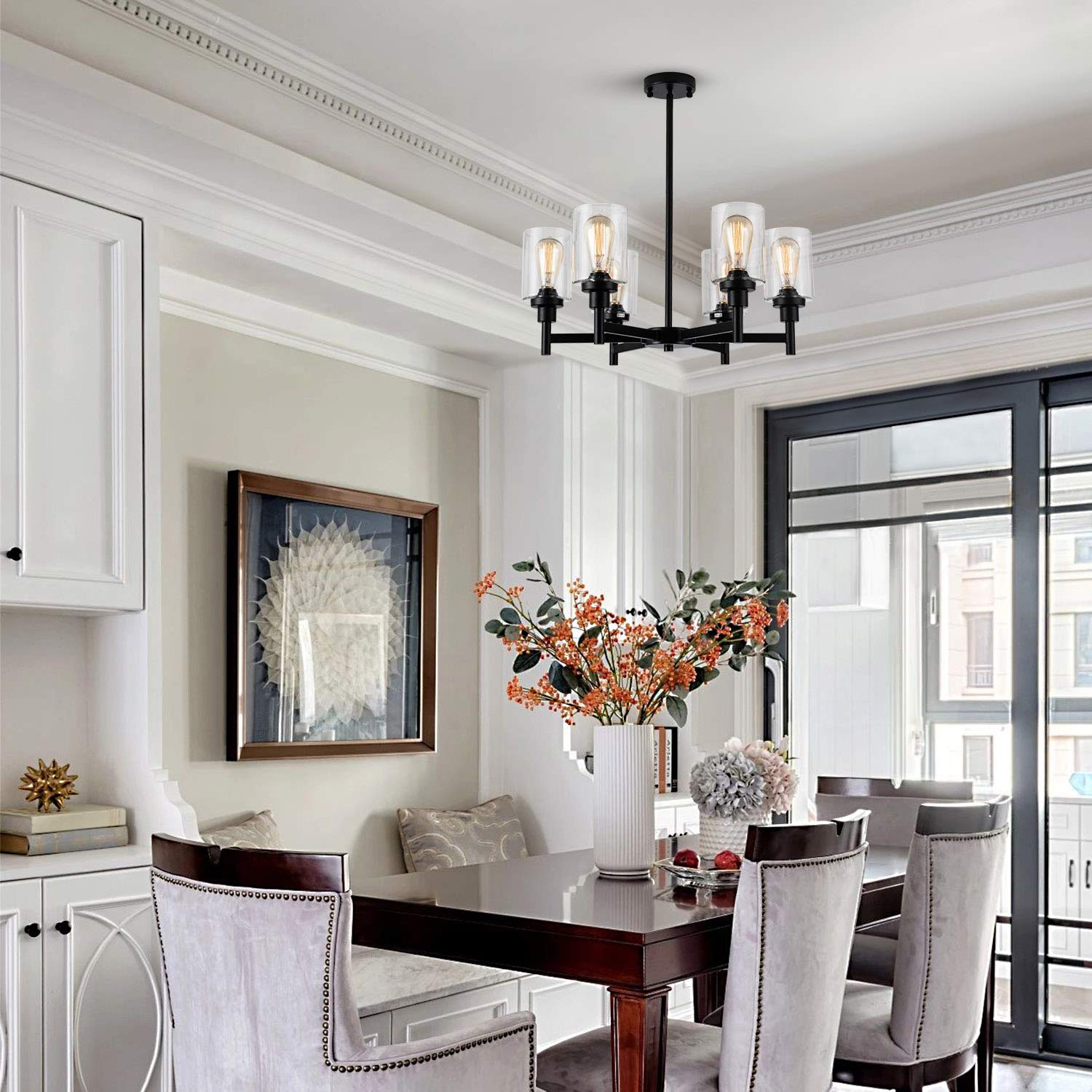 LIGHTDAMY Black Chandelier, 6-Light Metal Fixture, Industrial Design with Clear Glass Shade, D25in for Dining Room, Kitchen, Living Room