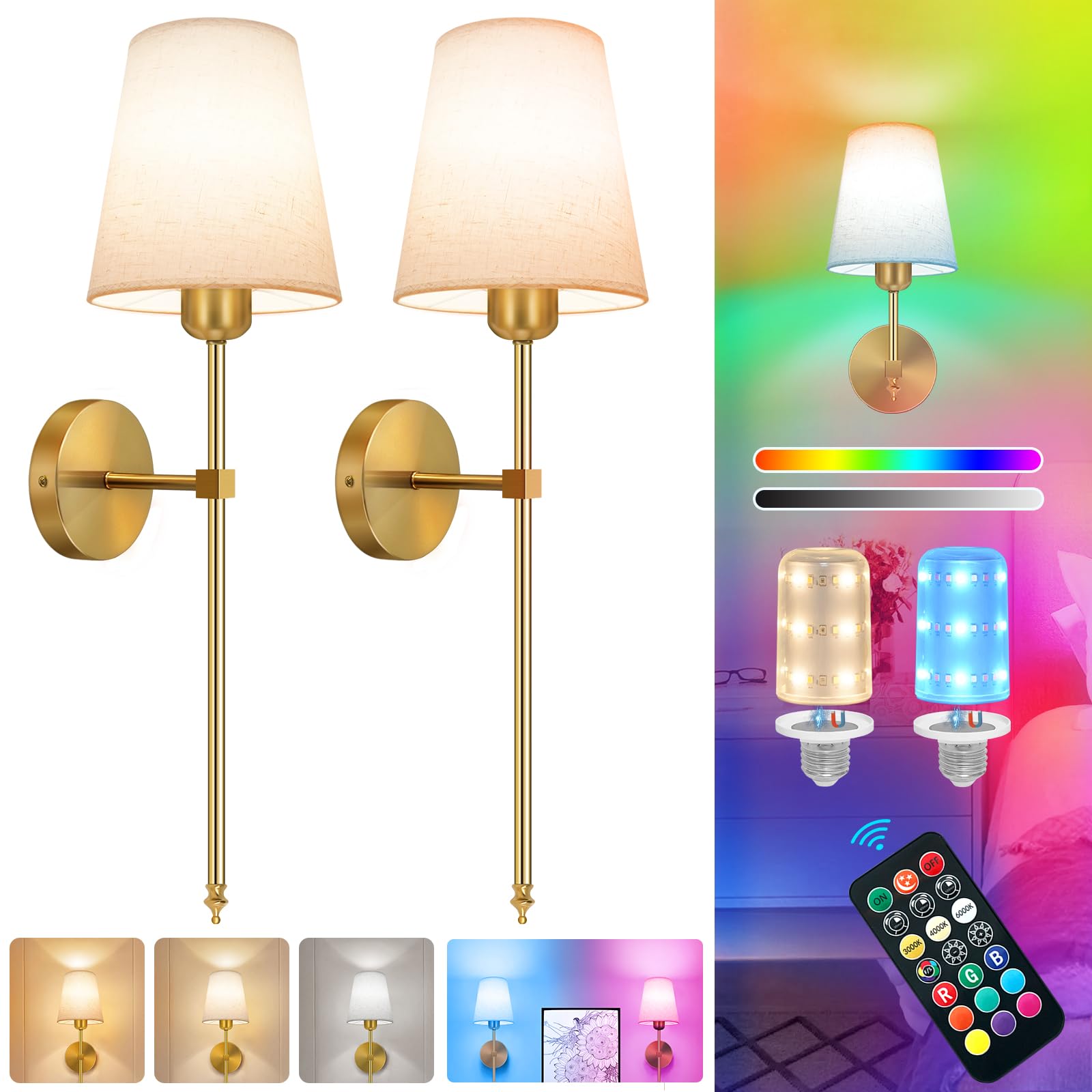 Battery Operated Wall Sconce  Gold Rechargeable Wall Lights with 10000mAh Dimmable Bulbs and 3 Dynamic Modes  12 Colors Wireless Wall Lamps with Remote for Bedroom Living Room Hallway Decor  2 Pack