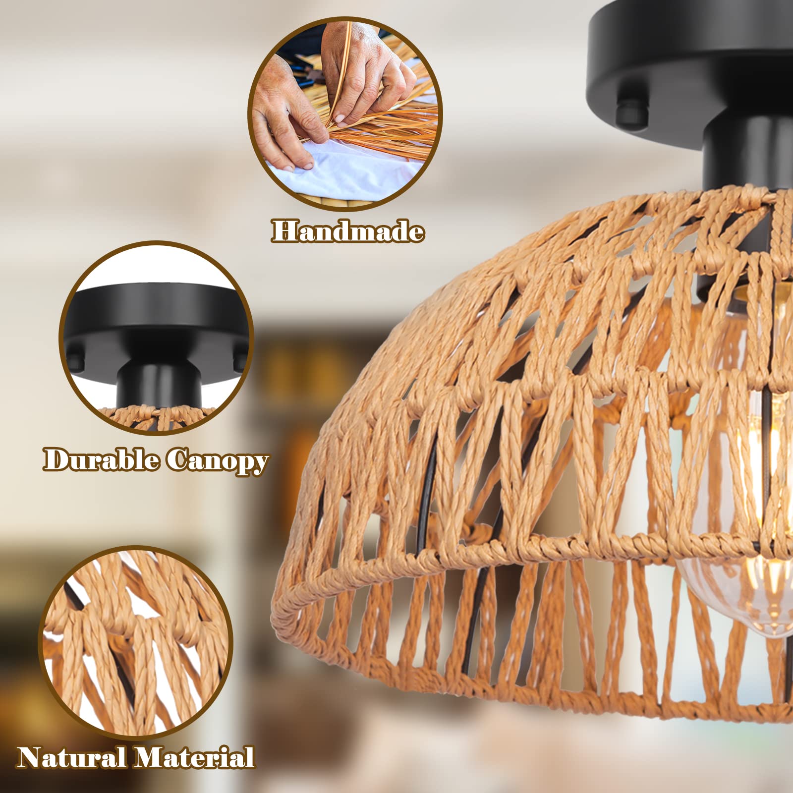 12.2'' Rattan Ceiling Light Fixtures 2 Packs, Rustic Woven Basket Flush Mount Ceiling Light, Handmade Wicker Ceiling Lamp, Ratta