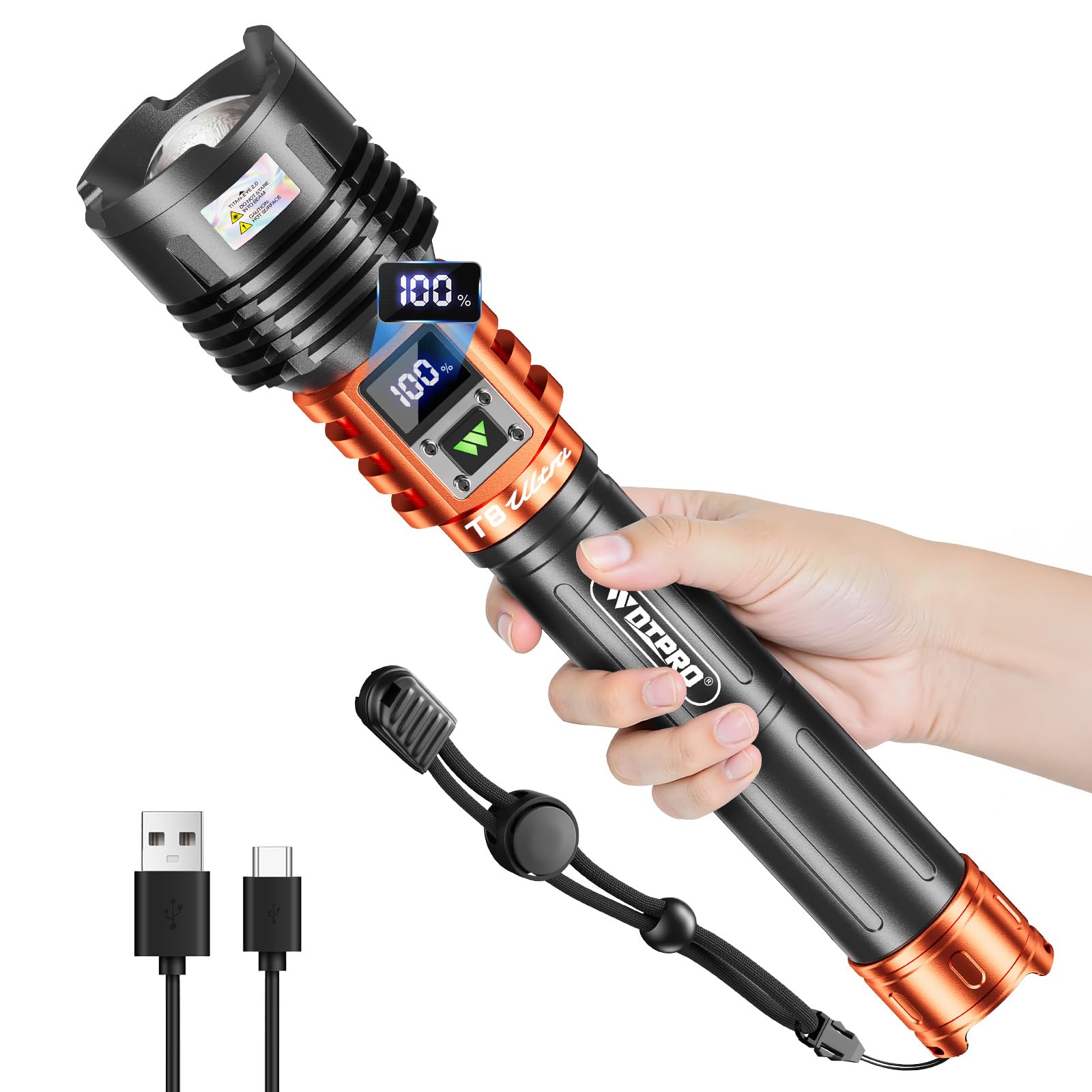 Wdtpro Rechargeable LED Flashlights High Lumens  Super Bright 90 000LM Rechargeable Flashlight with LCD Display  5 Modes & Waterproof Powerful 10000mAh Handheld Flashlight for Camping Emergency Orange