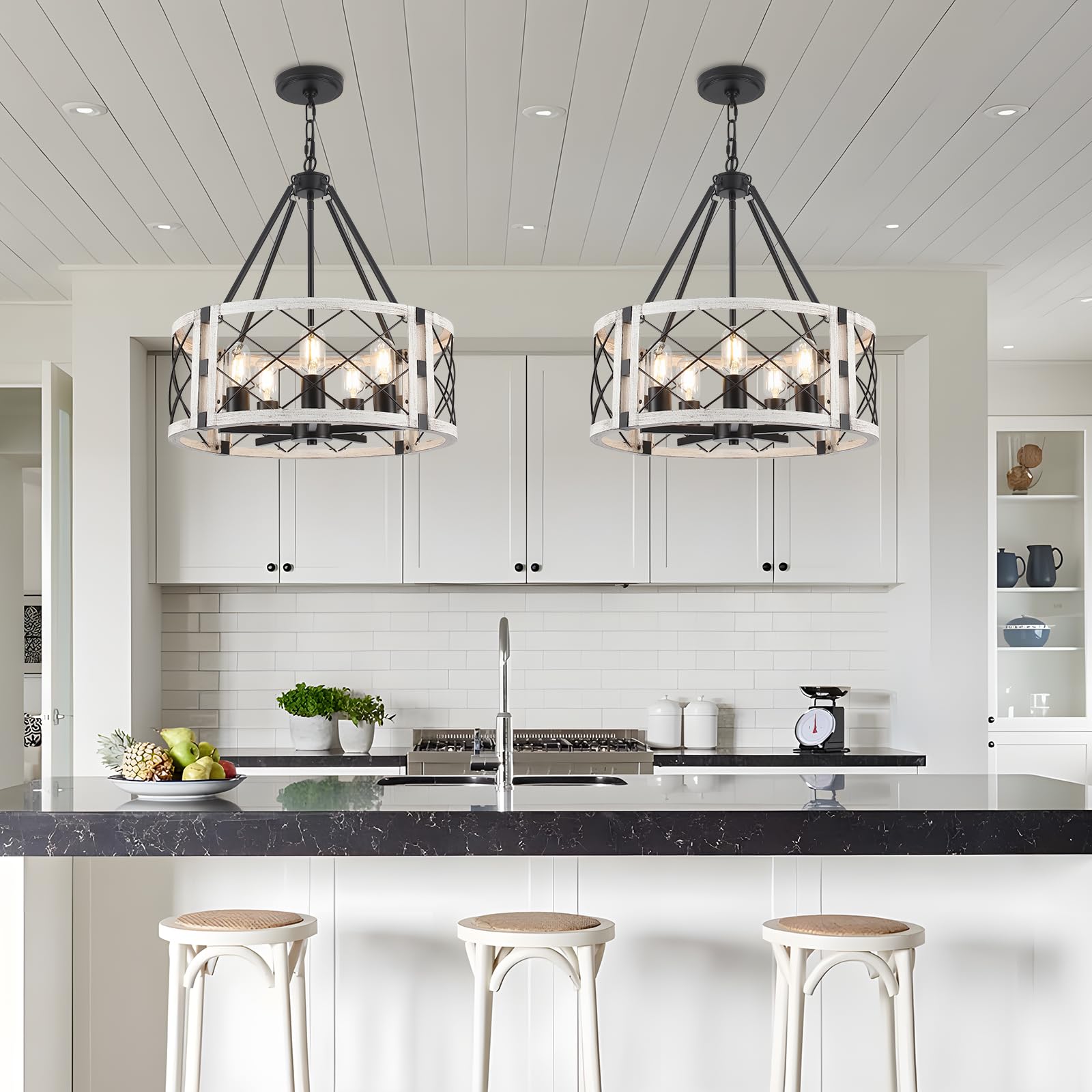 CWarmozy 5-Light Farmhouse Chandelier, 19.8" Adjustable Pendant Light, Black and White Wood Texture for Dining Room, Kitchen, Entryway