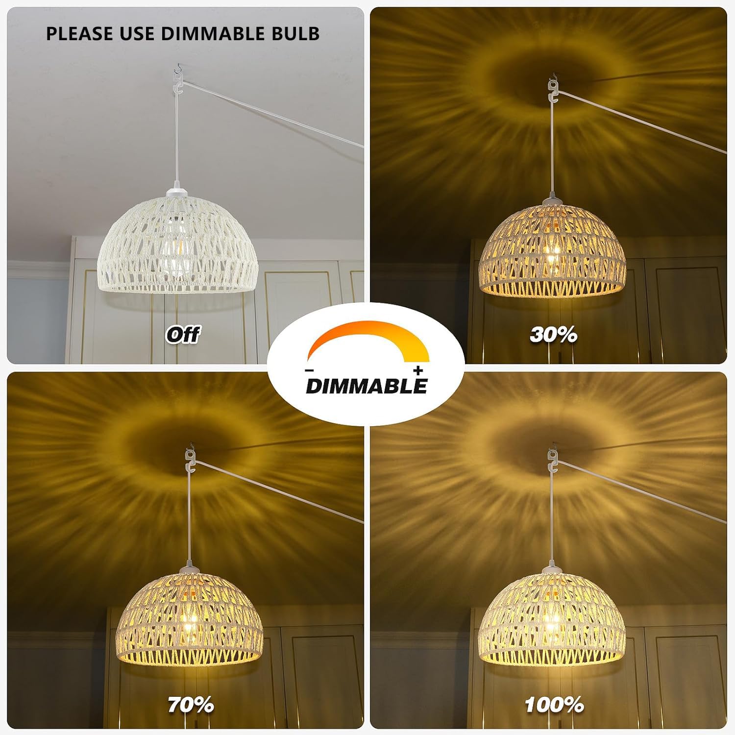 SLYYMY Plug-in Pendant Light, 15FT Hemp Rope Cord, Cream Wicker Lampshade, Industrial Ceiling Fixture, Model SPEL-0011C