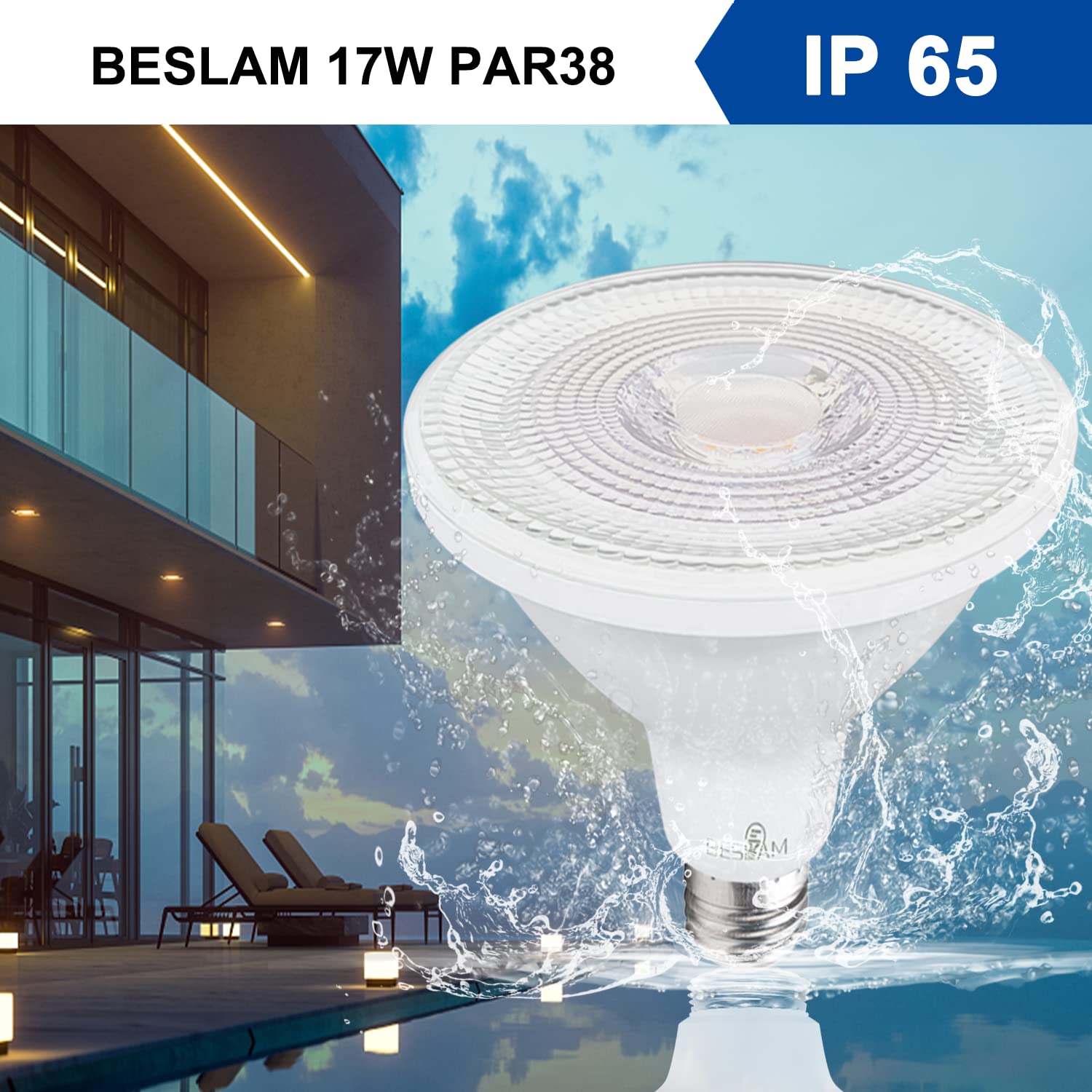 BESLAM PAR38 LED Flood Light Bulbs, 17W, E26 Base, 150W Equivalent, 2700K Warm White, Dimmable, 2-Pack