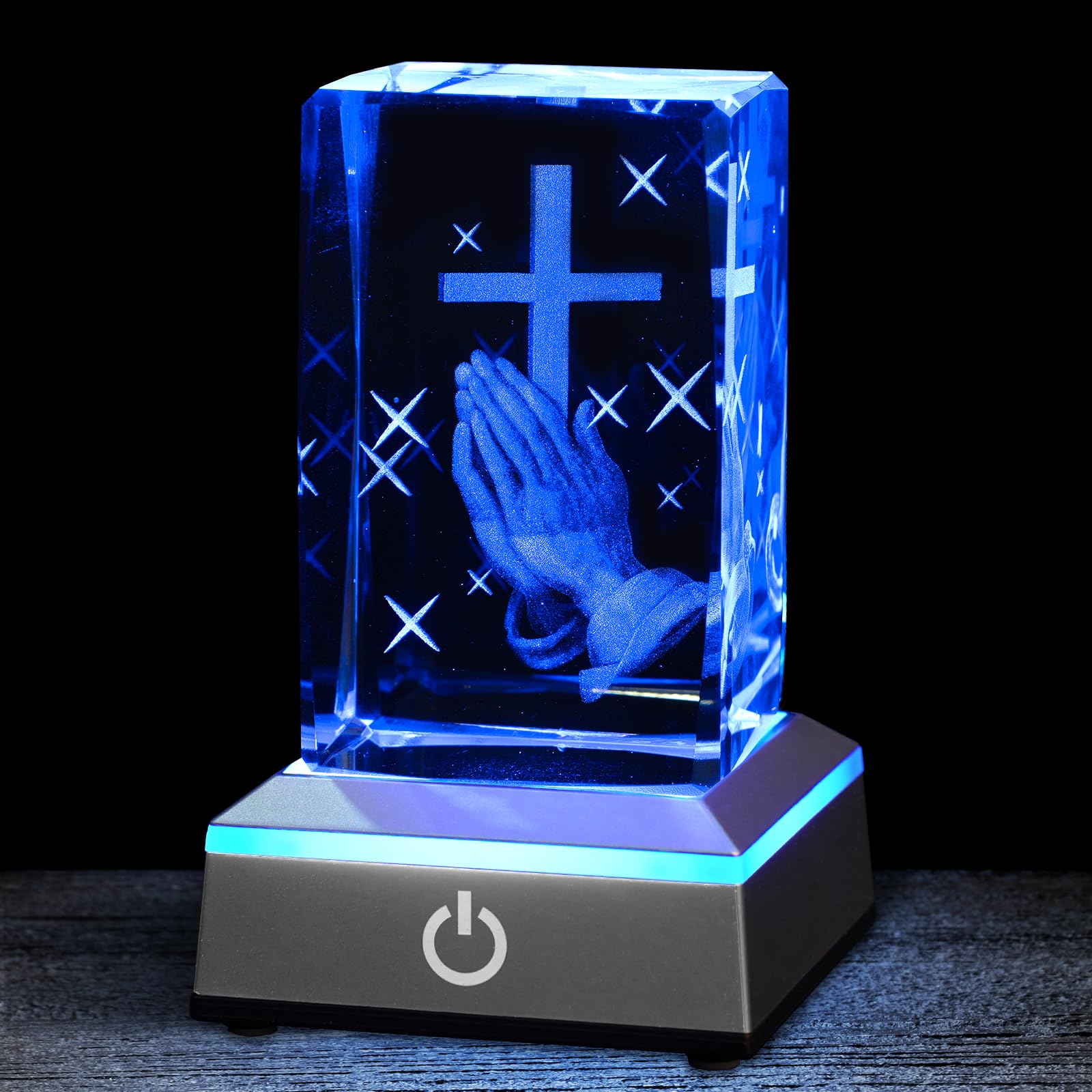 Eicxjui 3D Crystal Praying Hands Night Light with Multicolor LED Base, Engraved Cross Figurine, Religious Gift for Home Decor