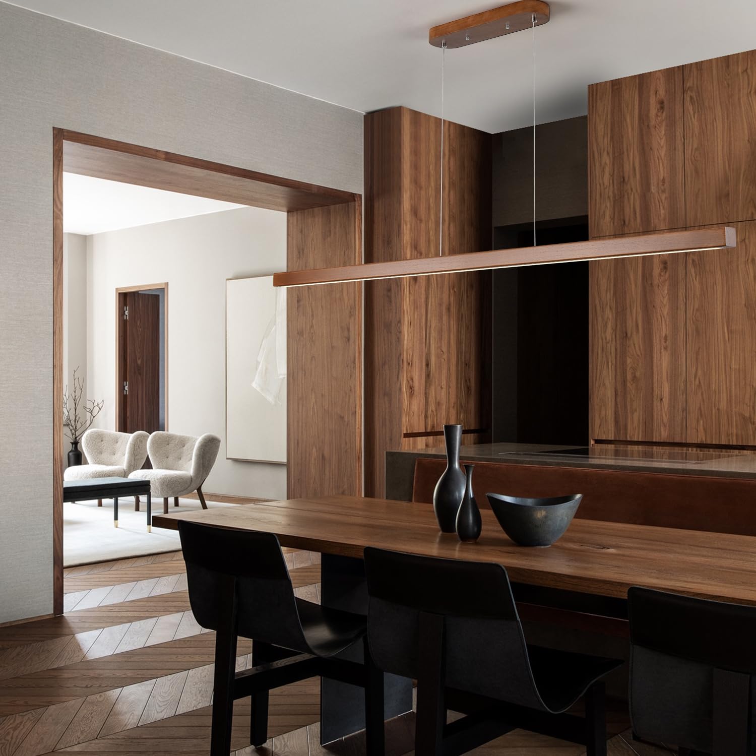 Yisdesign 59 Wood Linear Pendant Light Fixtures Modern Led 40W Dimmable Pendant Lighting Kitchen Island Lighting Ceiling Hanging Farmhouse Chandeliers For Dining Room Pool Table Walnut Color