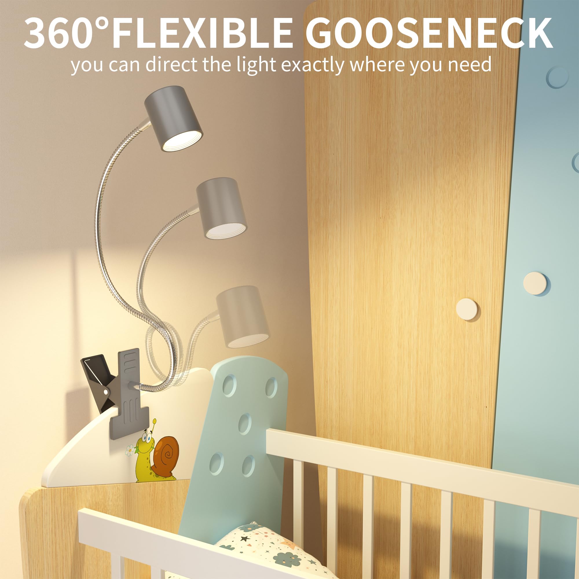 Dott Arts Desk Lamp,USB Clip On Light with 3 Color Modes,LED 10 Levels Brightness Reading Lamp, 360?Gooseneck Book Light,Eye-Car