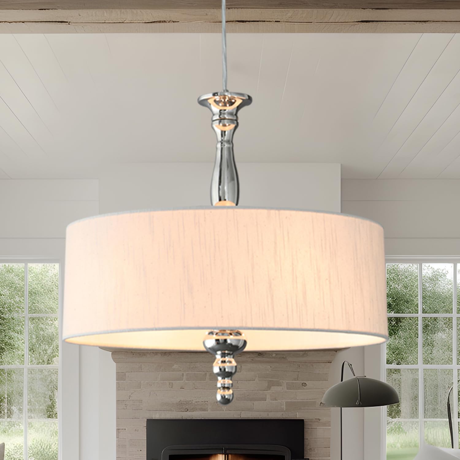 Cawabien 4-Light Drum Chandeliers, Drum Pendant Light Fixture Beige Linen Fabric Shade, Kitchen Chandeliers Over Table,Adjustabl