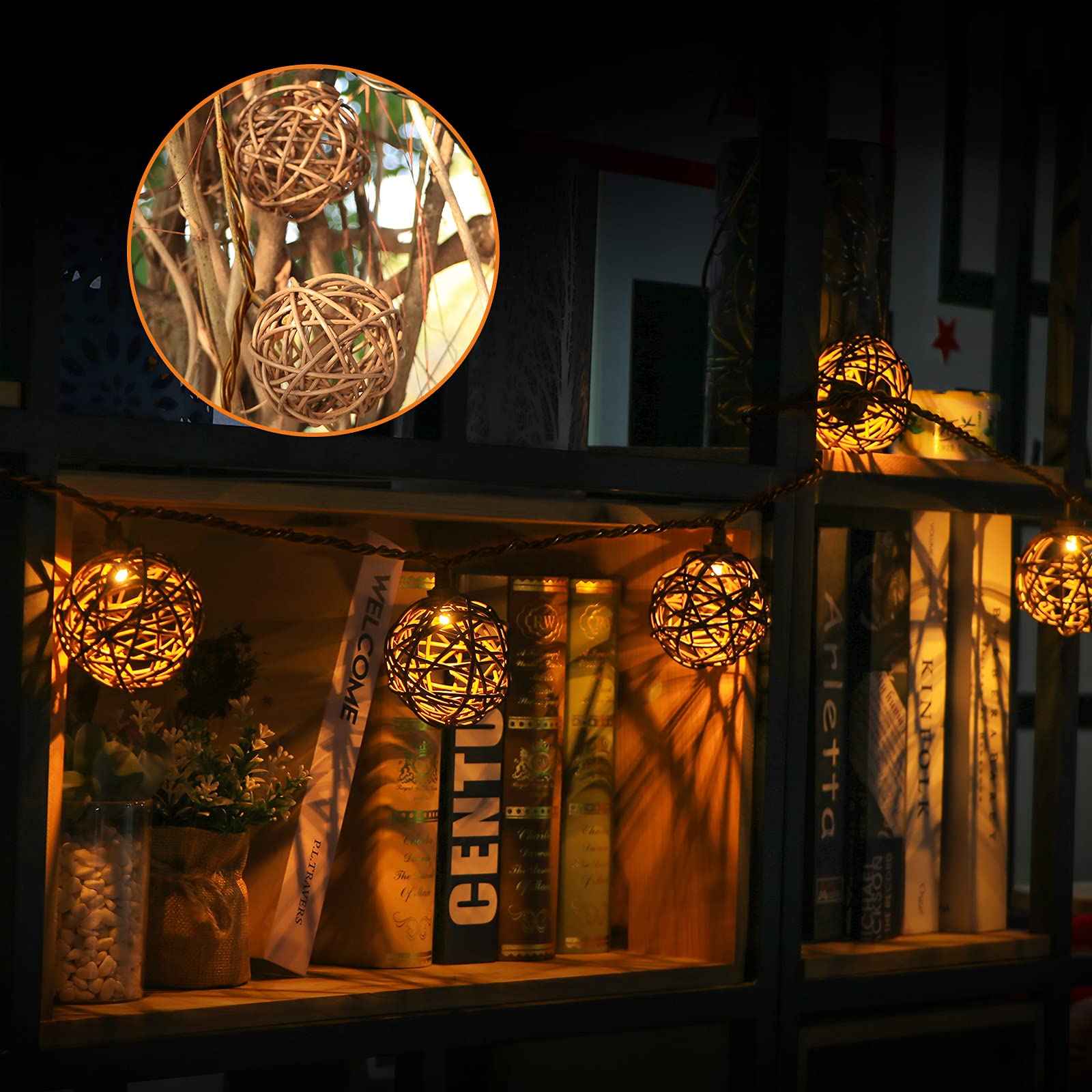 Vigdur Decorative - Rattan Ball String Lights With 10 Led Bulbs Connectable Indoor Outdoor Lantern Lights For Bedroom Wedding Ga