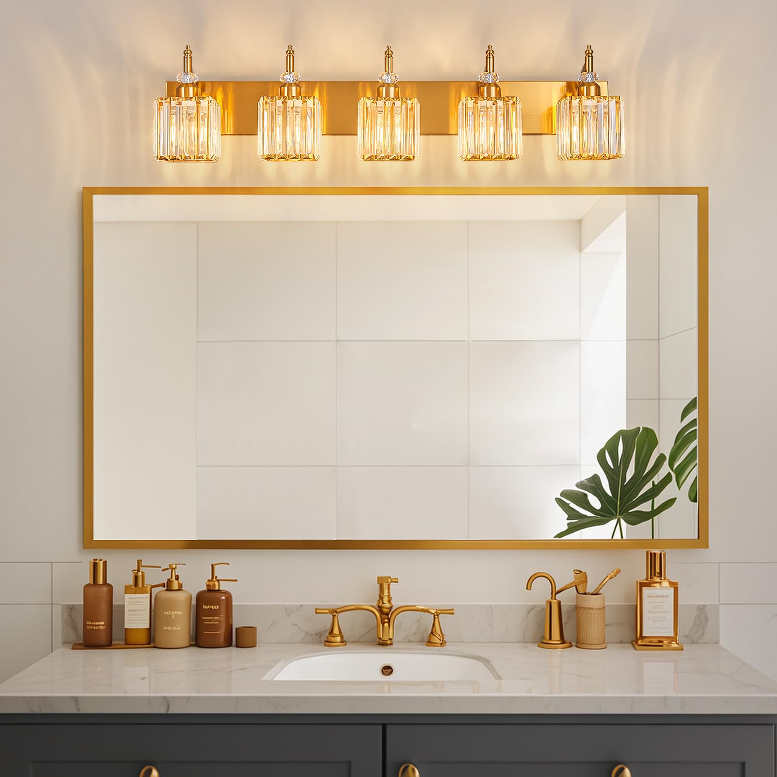 BBLLWJ 5-Light Crystal Vanity Lights - Gold Metal Over-Mirror Bathroom Fixtures, Model 655