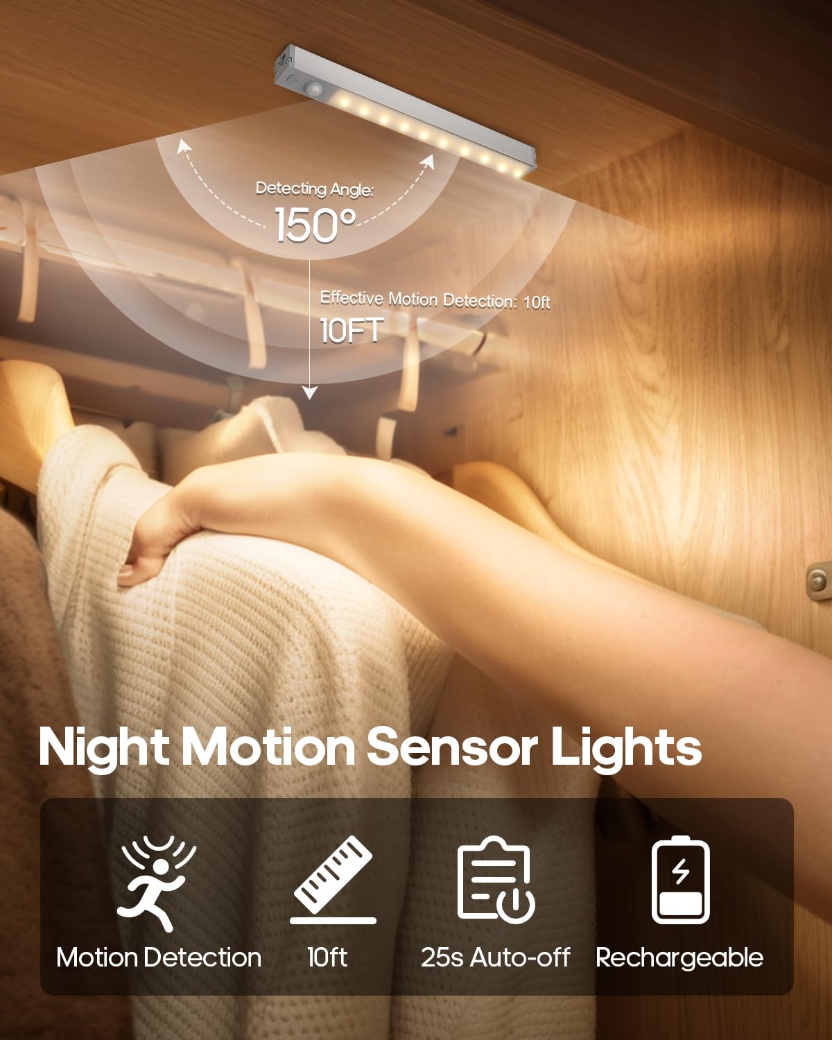 GOODEA LED Under Cabinet Lights - Wireless, Rechargeable, Motion Sensor, Dimmable, 3 Packs, Warm White, Model GDCL010-3PCS