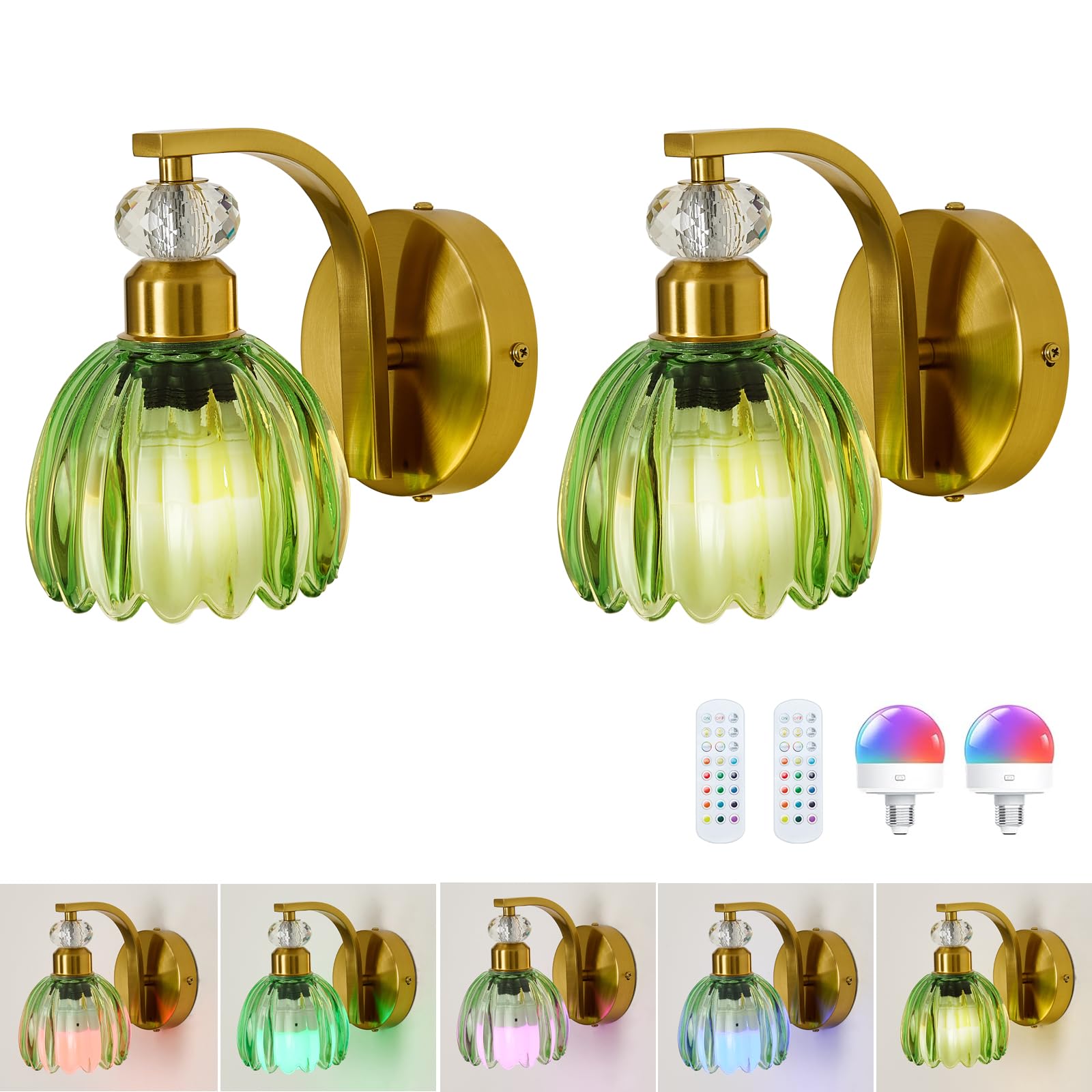 Qgiytp Vintage Gold Wall Sconce Set of 2, Dimmable, Rechargeable with Green Tulip Glass Lampshade, Iron, Model U-3063