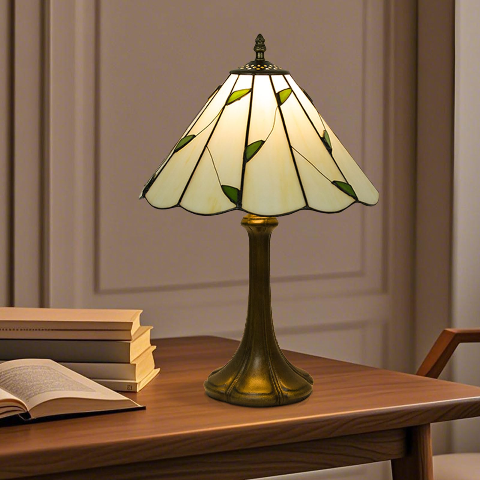 Crefotu 12 Inch Tiffany Table Lamp, Stained Glass, Remote Control, Dimmable, 9W Bulb Included, Umbrella Willow Leaves