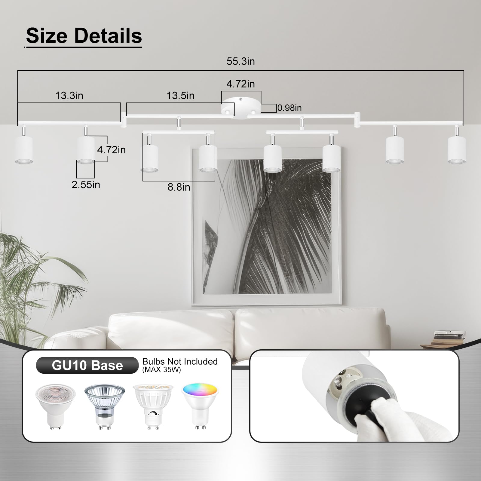 AUQUEE 8 Light Track Lighting Fixtures, Matte White, Rotatable LED Heads, Model AQC0682US, Adjustable for Kitchen/Hallway