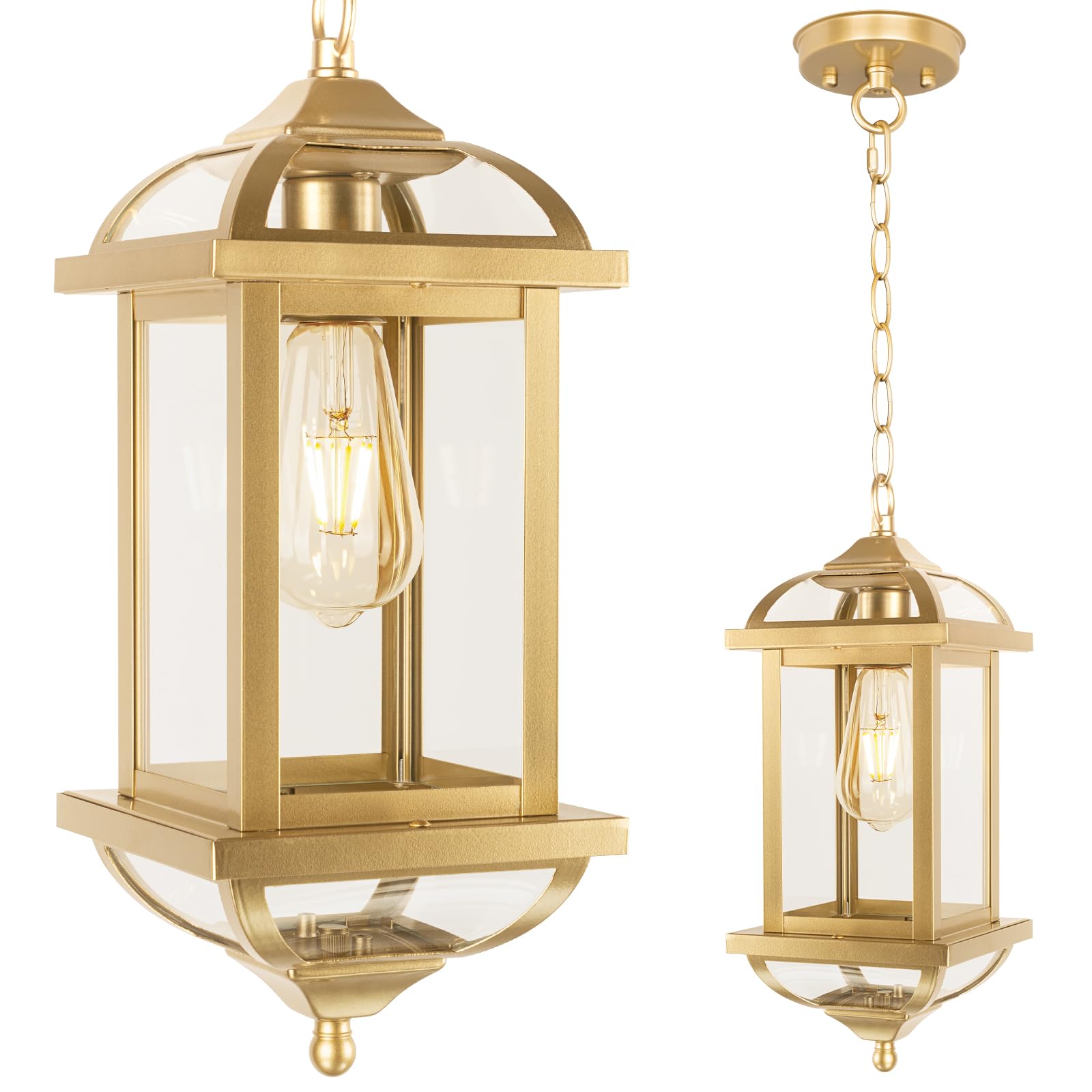 Roravilila Gold Outdoor Pendant Light for Porch Fully Enclosed, 16 Inch Large Exterior Hanging Light Aluminum Made Anti-Corrosio