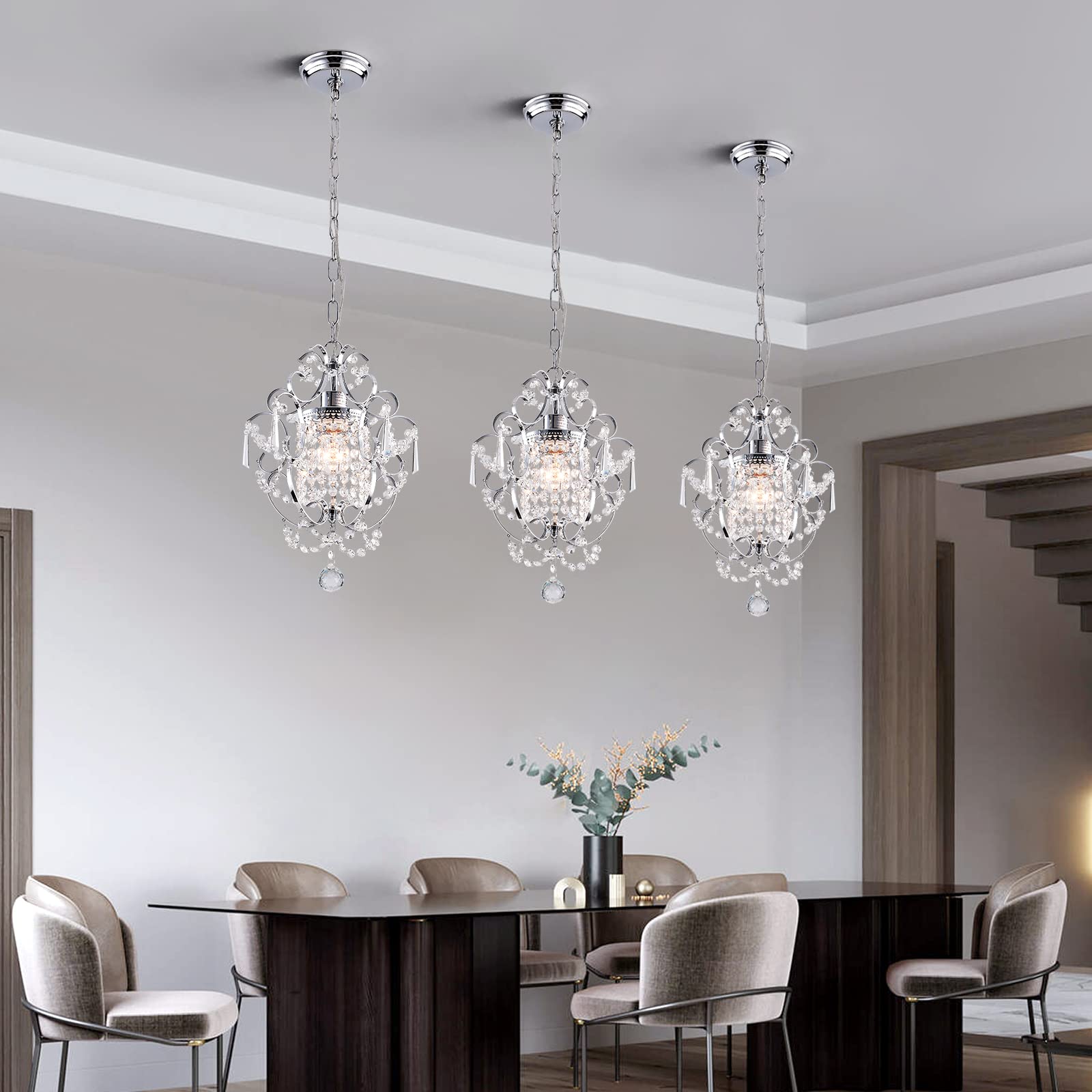 FLSFU Mini Chandelier Light Fixture, Chrome K9 Crystal Pendant for Bathroom, Dining Room, or Girls Room