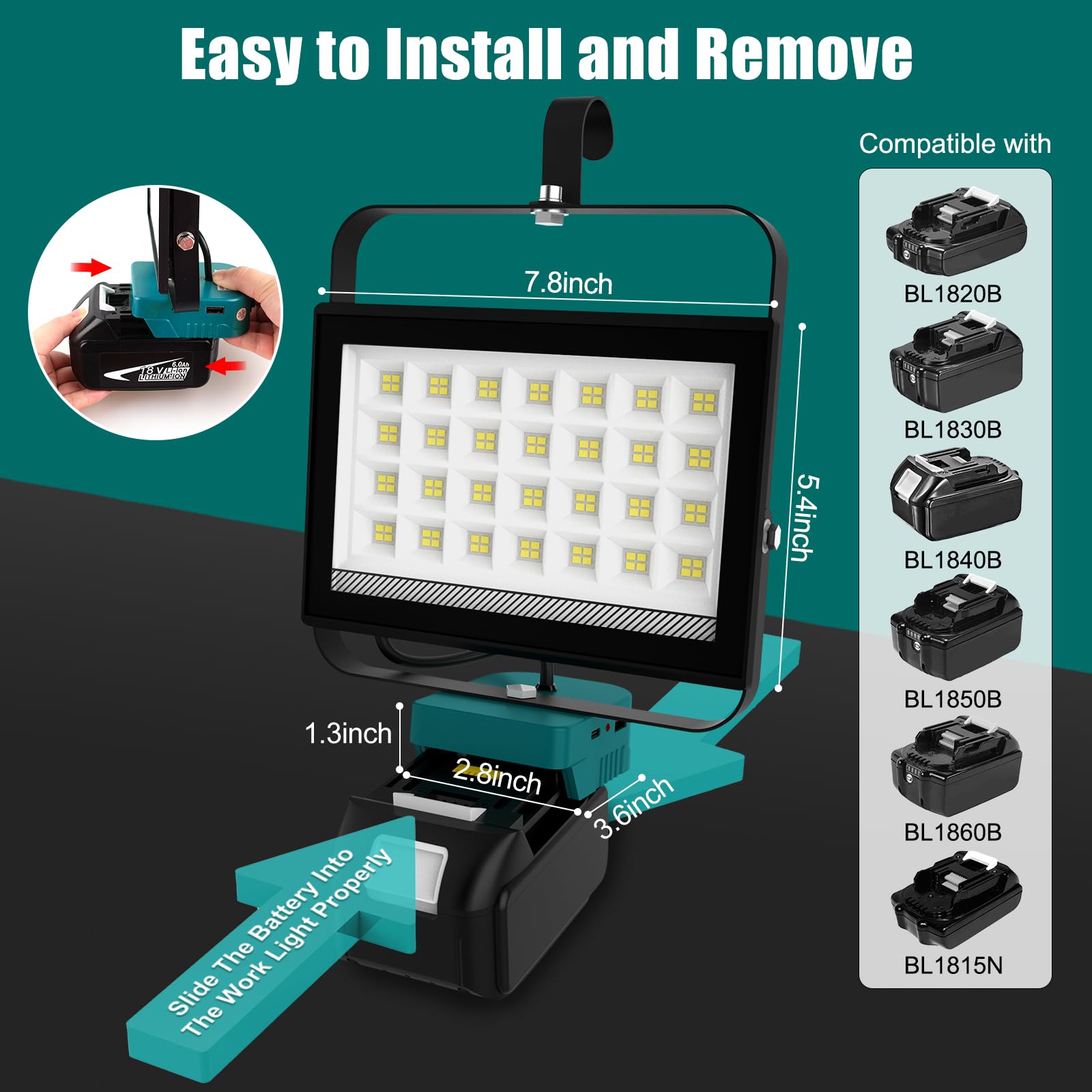 T-SUNiceM Cordless LED Work Light, 100W 10000LM, USB & Type-C Charging, 140° Pivoting Head, Dark Green, Model TS-F0470-