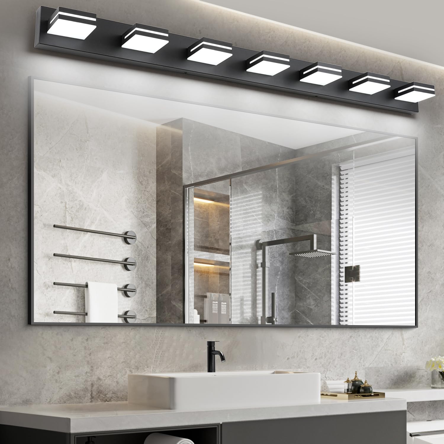 Sinerise Led Modern Bathroom Vanity Light Fixtures (7-Light, 55-Inch), Matte Black Modern Acrylic Bathroom Wall Lighting Fixture
