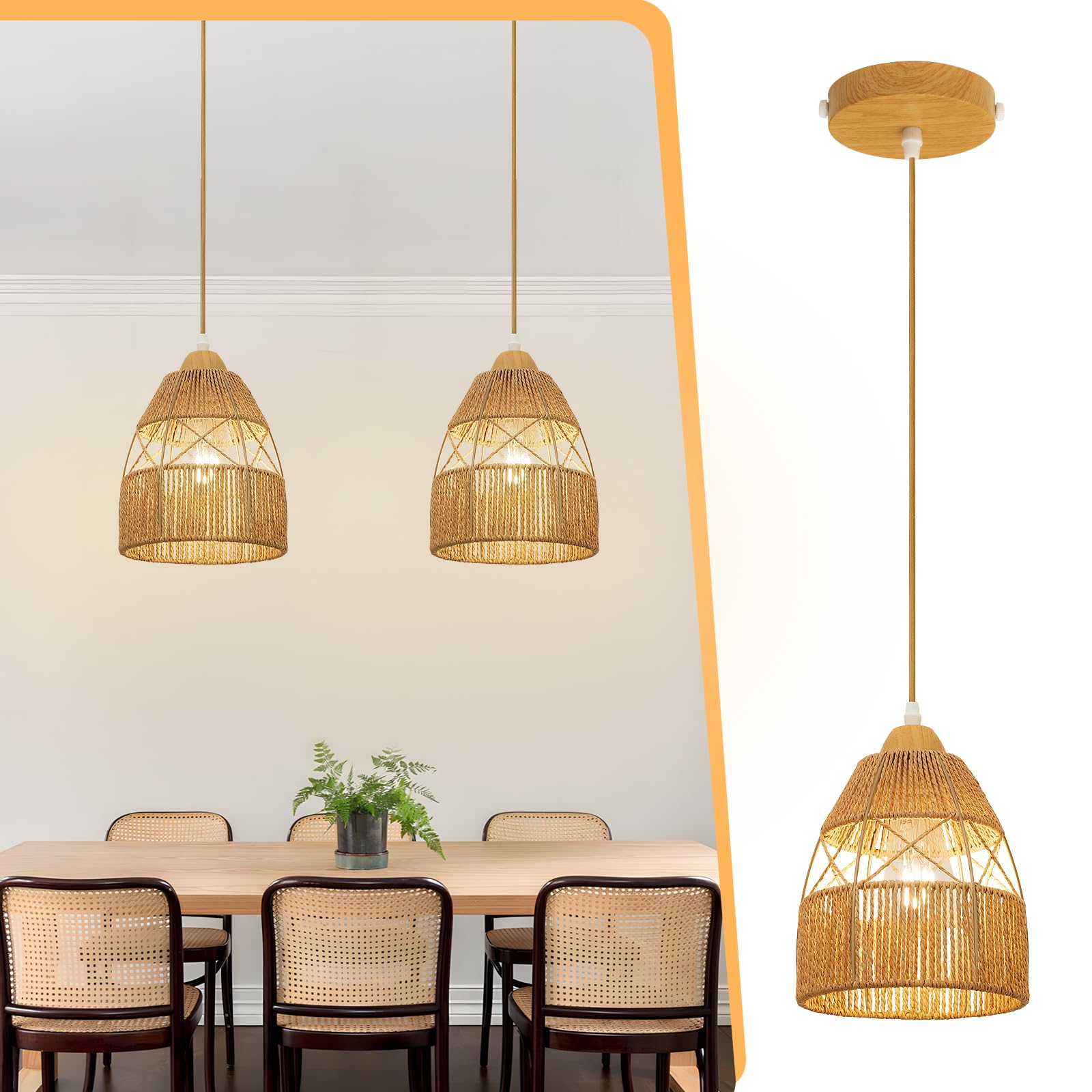 OTeedo 2 Pack Boho Rattan Pendant Light Kitchen Island,Farmhouse Chandeliers Adjustable Height Hanging lamp for Dining Room,Kitc
