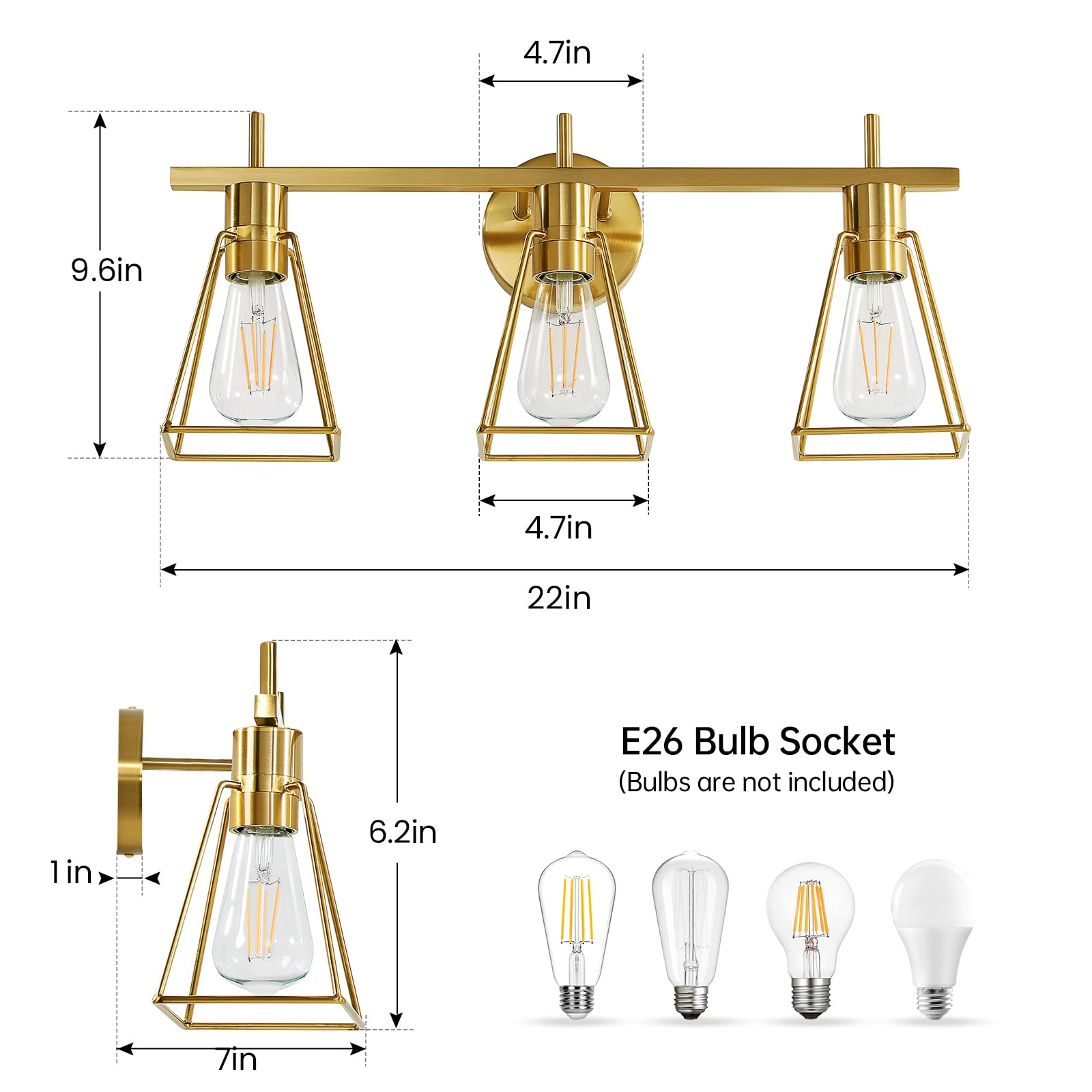 HAHZT 3-Light Industrial Bathroom Vanity Lights, Brushed Gold Metal Cage Wall Lamps, Rustic Fixture for Mirrors & Hallway, Model 8065ML