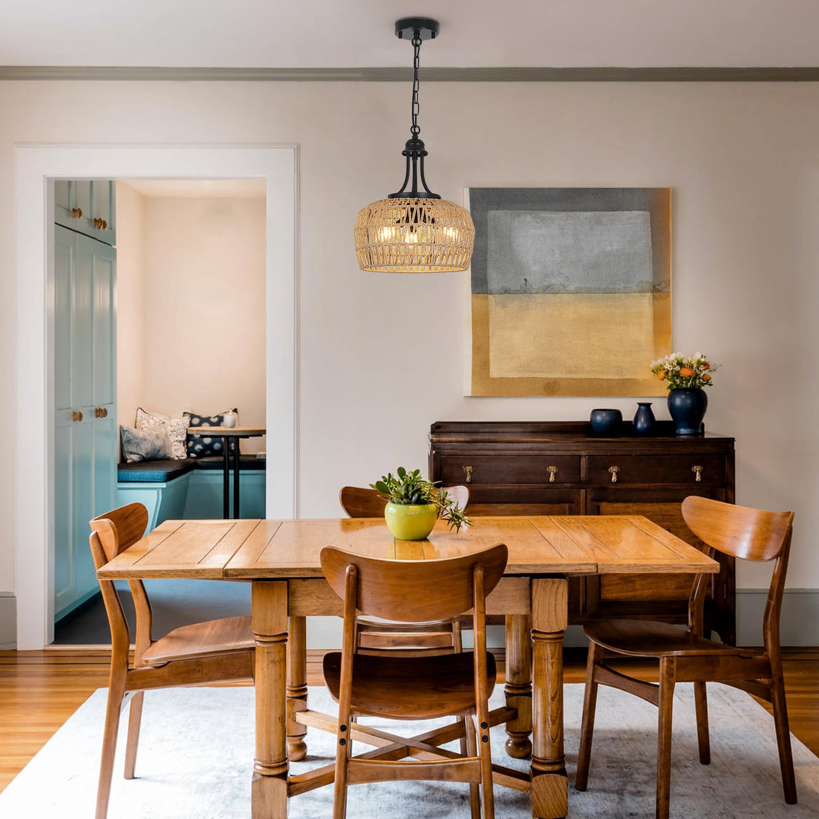 Hmvpl 3-Light Boho Rattan Chandelier - Woven Lampshade Coastal Pendant For Dining Room & Kitchen