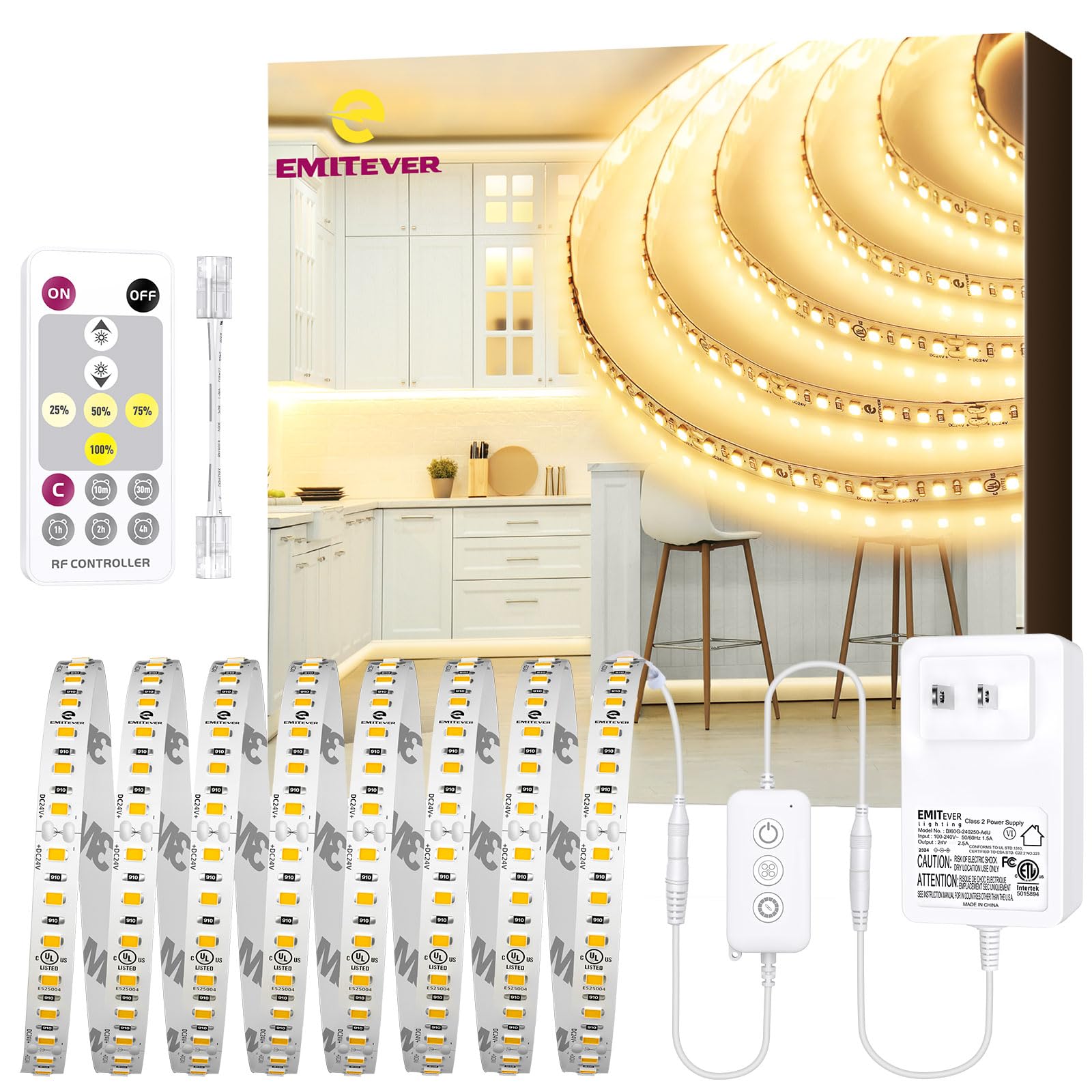 Emitever Led Strip Lights Kit Warm White With Remote & 24V Power Supply 16.4Ft Dimmable Tape Light 3000K  High Density 600Leds  240+Lm/Ft  Cri95+  Suitable For Bedroom Kitchen Under Cabinet Lighting