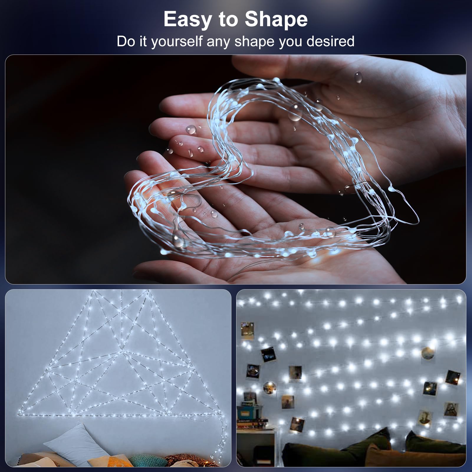 Echosari 2 Pack Fairy Lights Battery Operated 100 Led 33Ft Silver Wire String Lights Auto Timer 8 Modes Waterproof Mini String Lights For Indoor, Garden, Yard, Fence, Wedding Decor (Cool White)